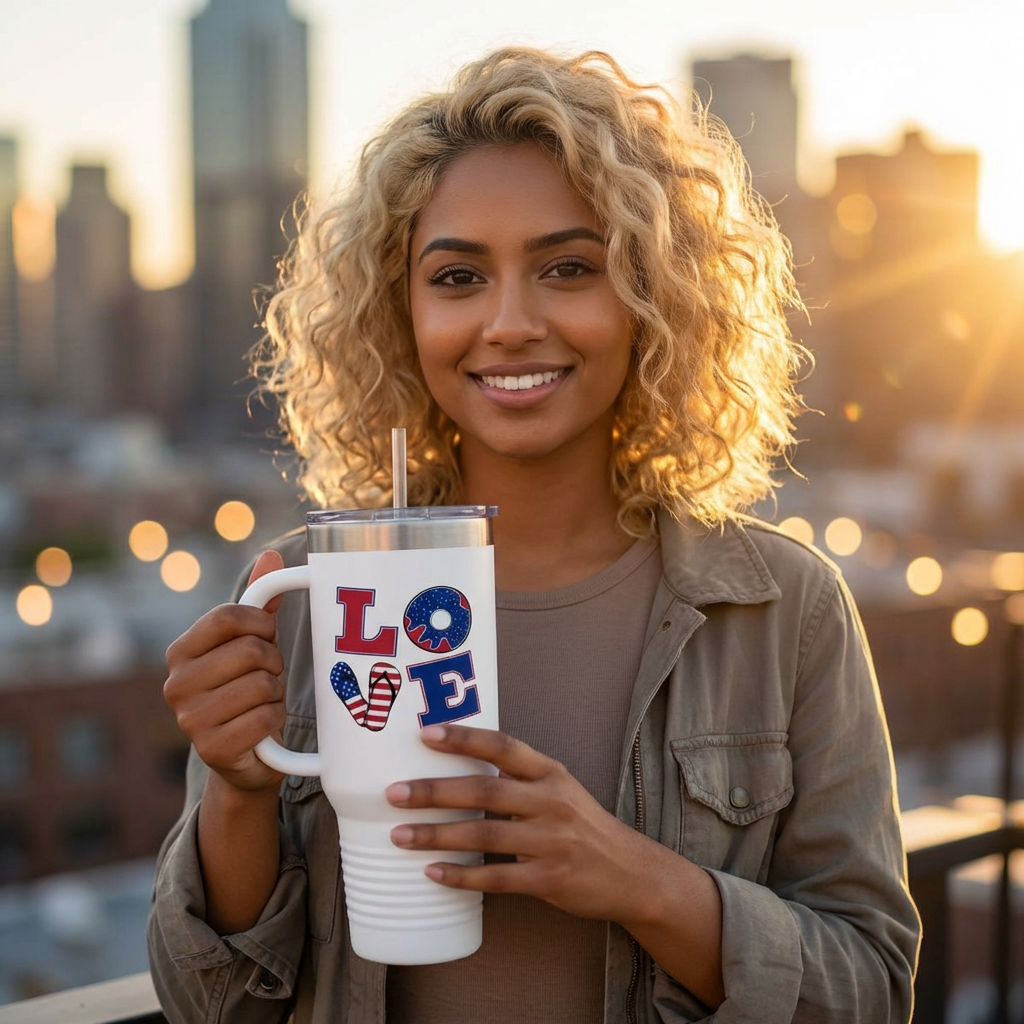 LOVE 40 oz Insulated Travel Tumbler (White) | Red White &amp; Blue LOVE Design (Double-Sided) | Reusable Straw | LifeCoachDesigns.shop Exclusive product thumbnail image