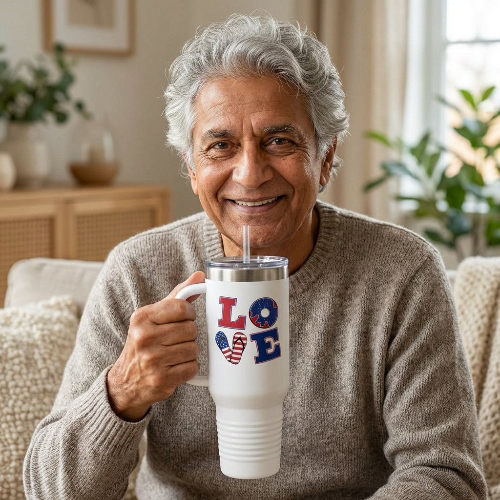 LOVE 40 oz Insulated Travel Tumbler (White) | Red White &amp; Blue LOVE Design (Double-Sided) | Reusable Straw | LifeCoachDesigns.shop Exclusive product thumbnail image