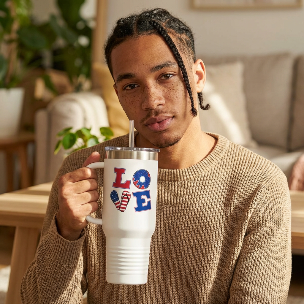 LOVE 40 oz Insulated Travel Tumbler (White) | Red White &amp; Blue LOVE Design (Double-Sided) | Reusable Straw | LifeCoachDesigns.shop Exclusive product thumbnail image