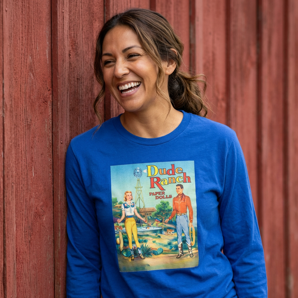 Dude Ranch Vintage Western Long Sleeve Tee Retro Cowboy Paper Doll Design product thumbnail image Dude Ranch Vintage Western Long Sleeve Tee Retro Cowboy Paper Doll Design product thumbnail image