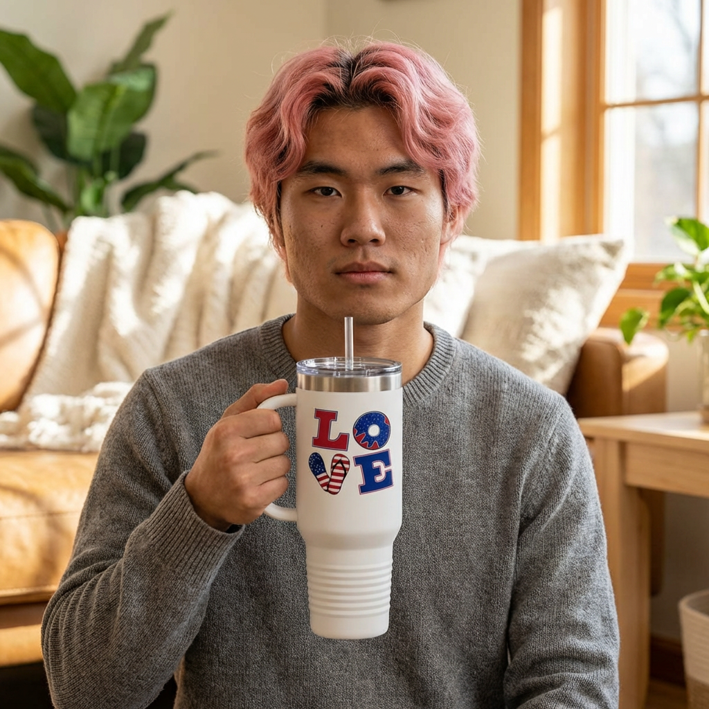 LOVE 40 oz Insulated Travel Tumbler (White) | Red White &amp; Blue LOVE Design (Double-Sided) | Reusable Straw | LifeCoachDesigns.shop Exclusive product thumbnail image