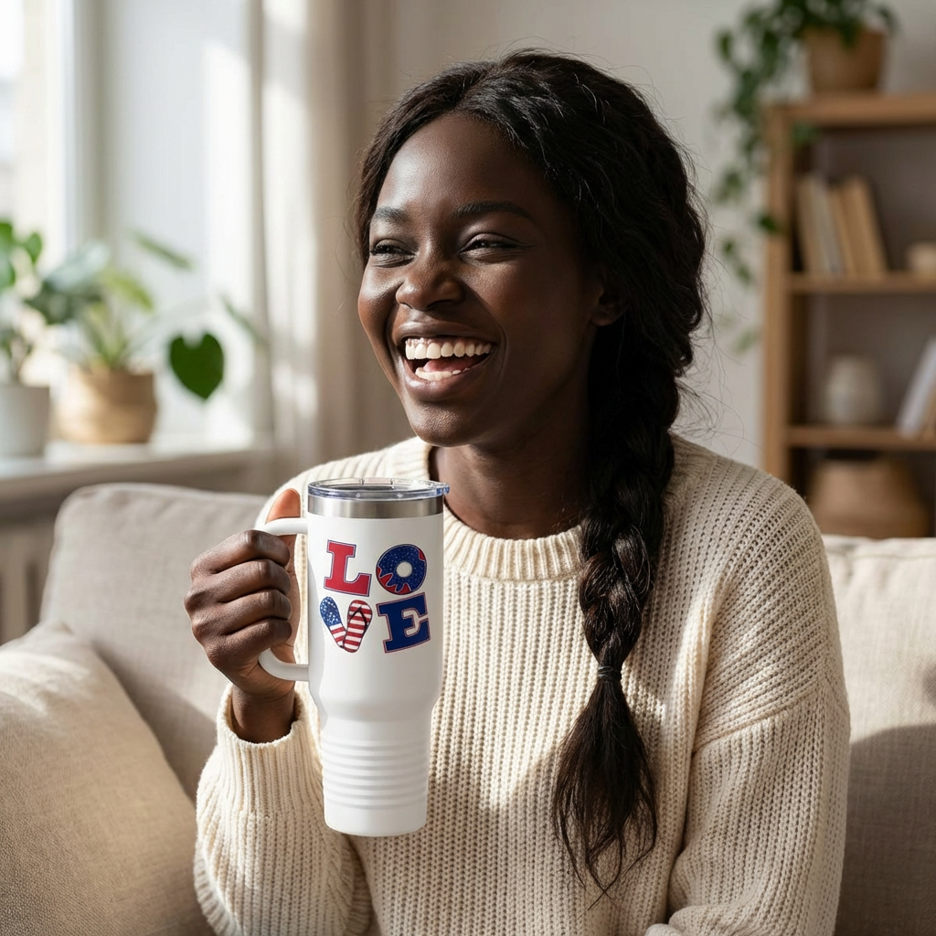 LOVE 40 oz Insulated Travel Tumbler (White) | Red White &amp; Blue LOVE Design (Double-Sided) | Reusable Straw | LifeCoachDesigns.shop Exclusive product thumbnail image