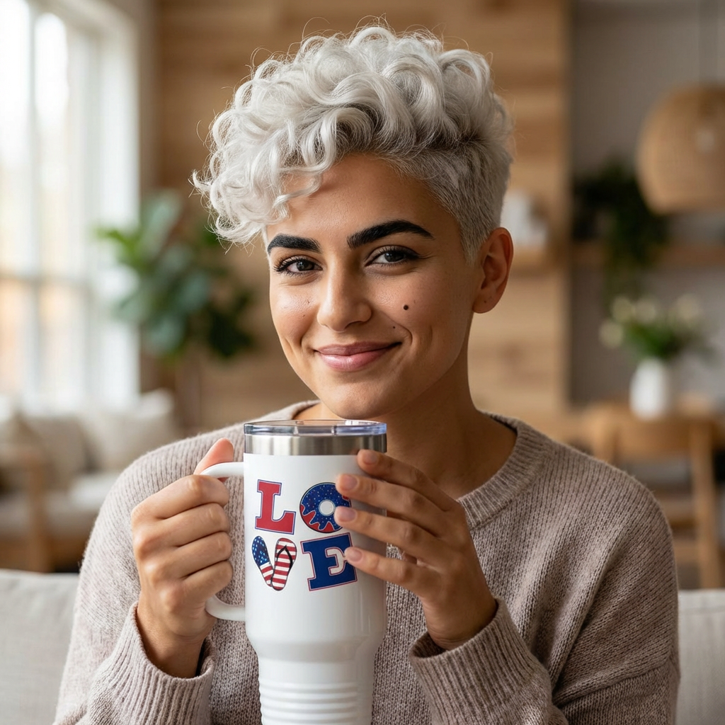 LOVE 40 oz Insulated Travel Tumbler (White) | Red White &amp; Blue LOVE Design (Double-Sided) | Reusable Straw | LifeCoachDesigns.shop Exclusive product thumbnail image