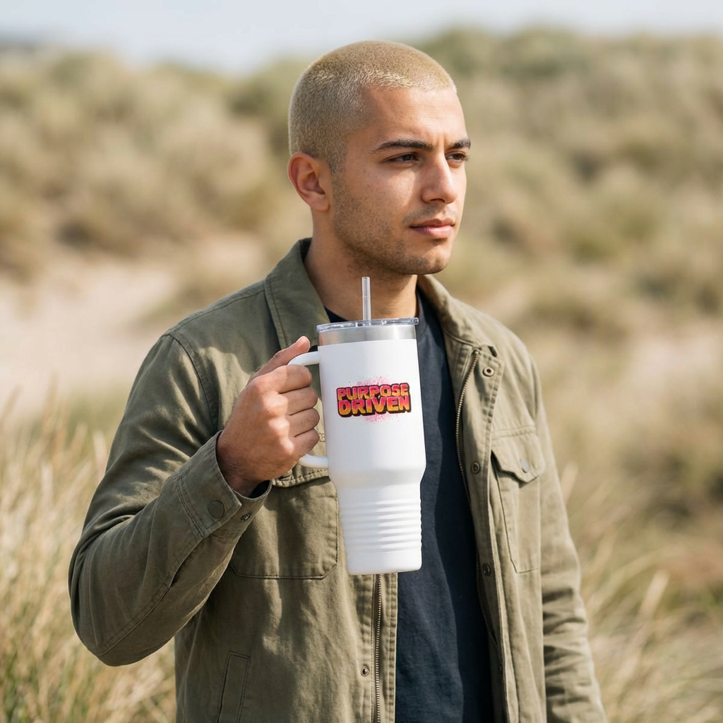 FOCUS 40 oz Insulated Travel Tumbler | White Graffiti Letters w/ Black Outline | Cyan Splash Background | 4 Color Options | Reusable Straw | LifeCoachDesigns.shop Exclusive product thumbnail image