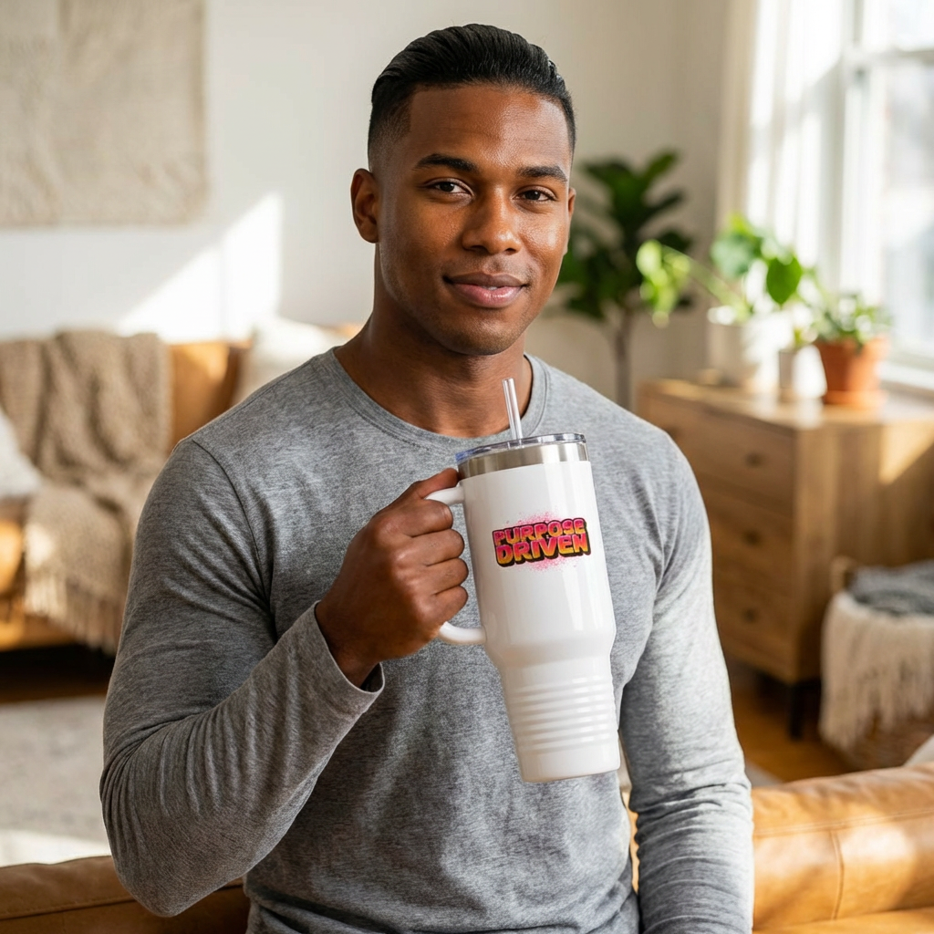 FOCUS 40 oz Insulated Travel Tumbler | White Graffiti Letters w/ Black Outline | Cyan Splash Background | 4 Color Options | Reusable Straw | LifeCoachDesigns.shop Exclusive product thumbnail image