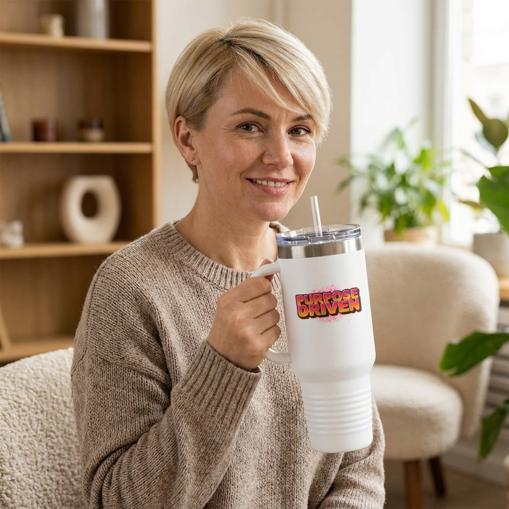 FOCUS 40 oz Insulated Travel Tumbler | White Graffiti Letters w/ Black Outline | Cyan Splash Background | 4 Color Options | Reusable Straw | LifeCoachDesigns.shop Exclusive product thumbnail image