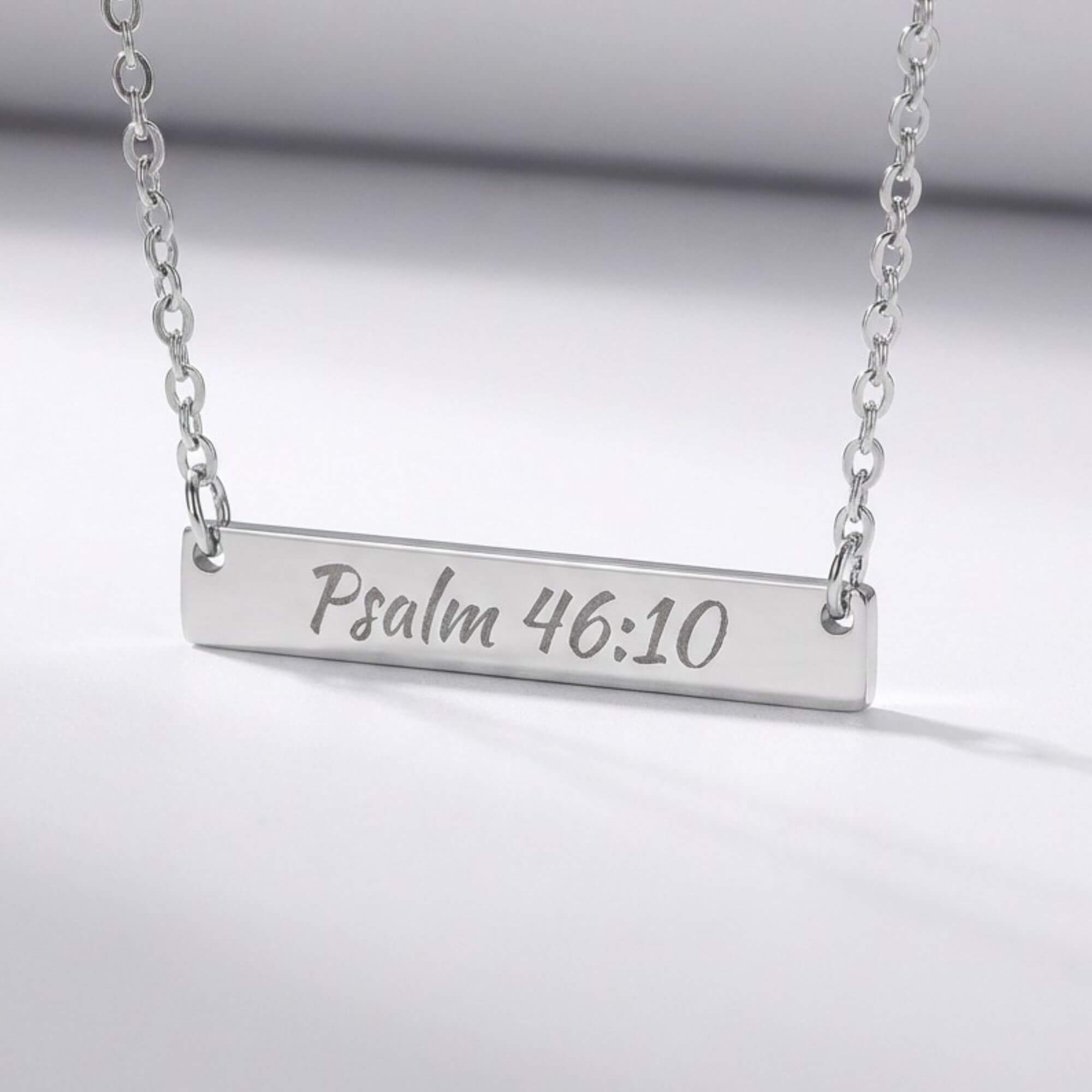 Engraved Psalm 46:10 Bar Necklace — Horizontal Scripture Pendant product thumbnail image Engraved Psalm 46:10 Bar Necklace — Horizontal Scripture Pendant product thumbnail image