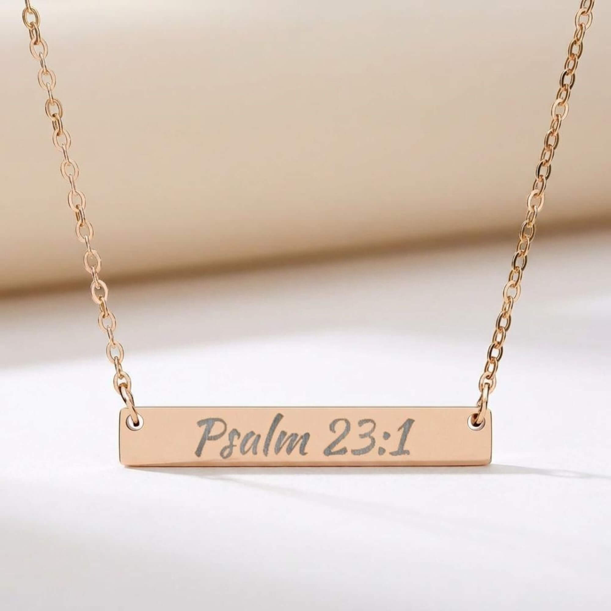 Engraved Psalm 23:1 Bar Necklace product thumbnail image Engraved Psalm 23:1 Bar Necklace product thumbnail image