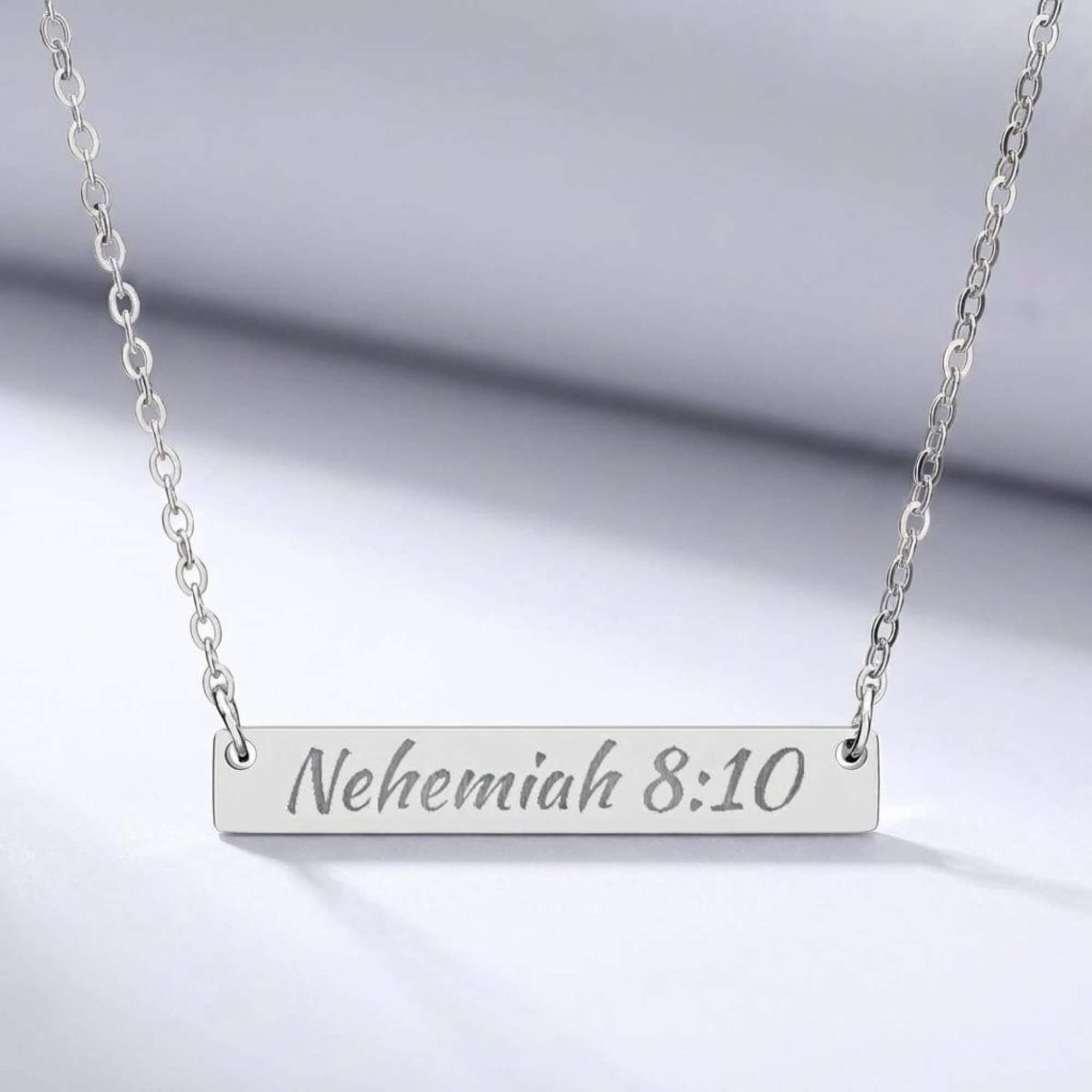 Nehemiah 8:10 Engraved Bar Necklace product thumbnail image Nehemiah 8:10 Engraved Bar Necklace product thumbnail image