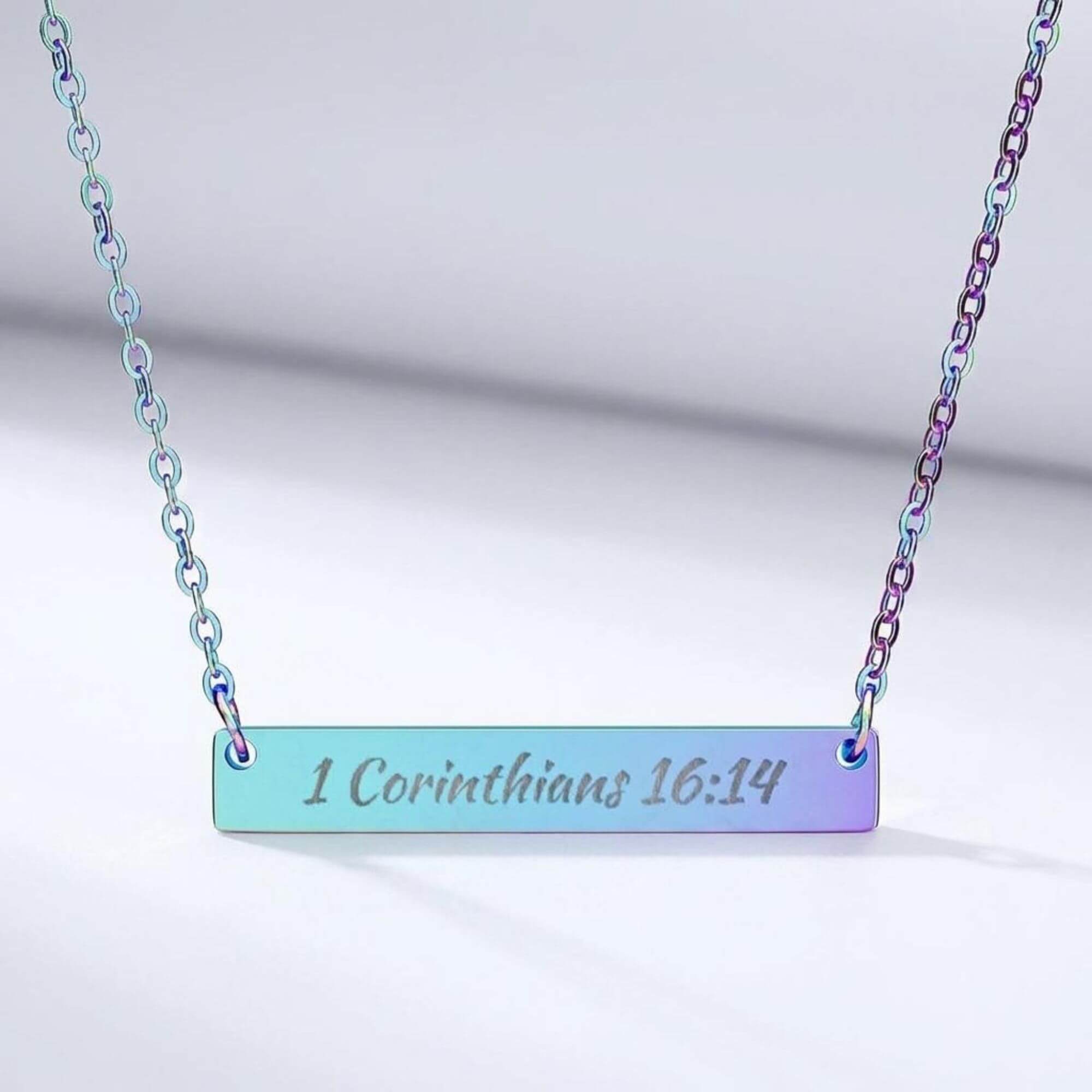 1 Corinthians 16:14 Engraved Bar Necklace product thumbnail image 1 Corinthians 16:14 Engraved Bar Necklace product thumbnail image