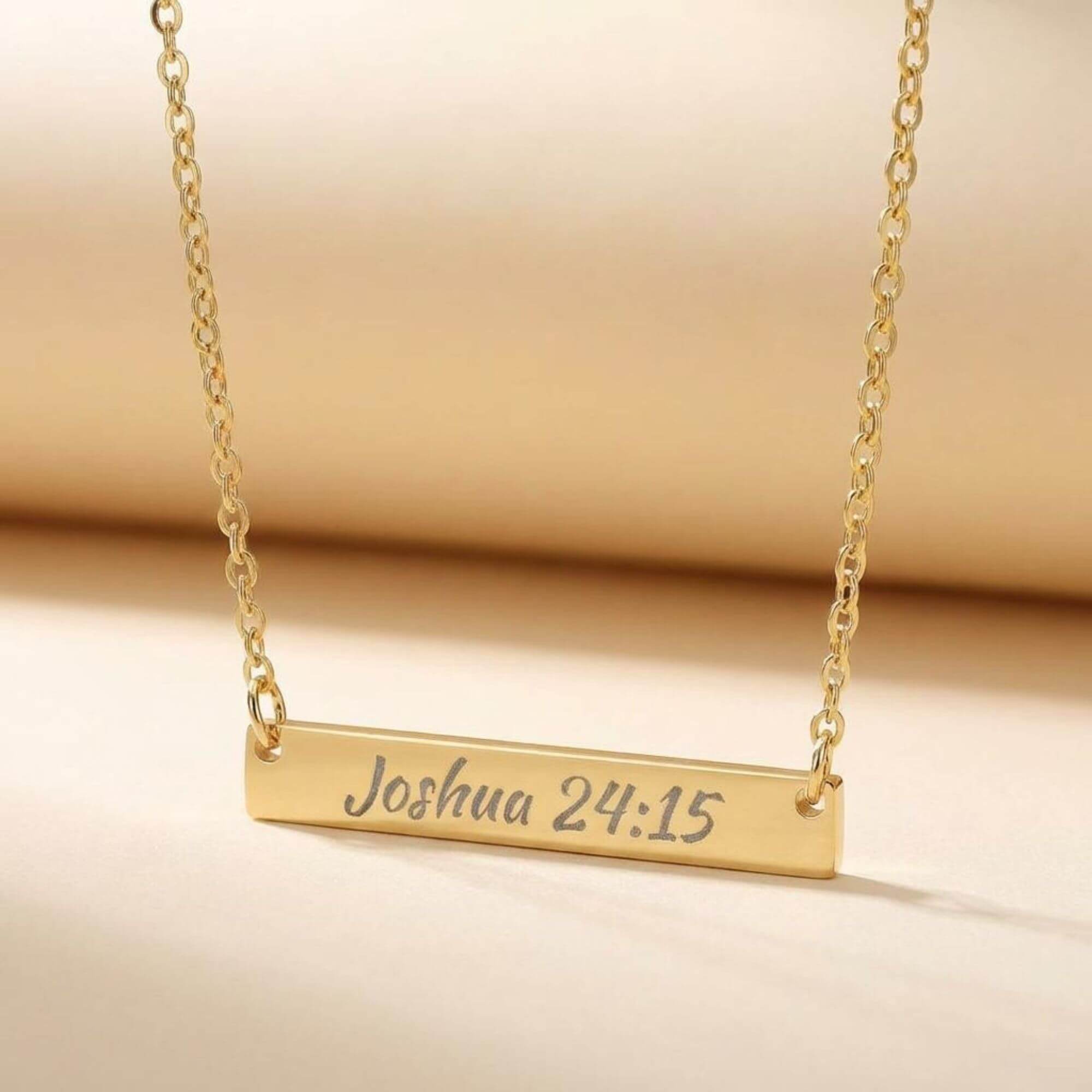 Joshua 24:15 Engraved Bar Necklace product thumbnail image Joshua 24:15 Engraved Bar Necklace product thumbnail image