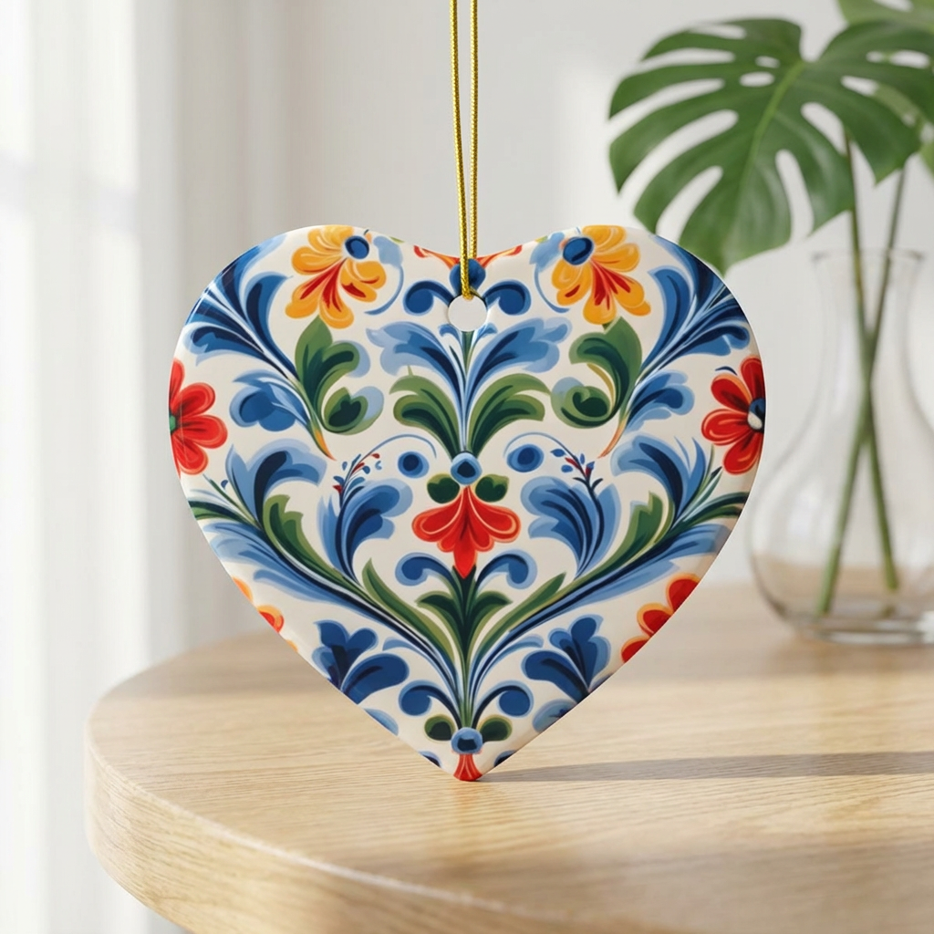 Rosemaling Heart Ceramic Ornament — Scandinavian "God Jul" Holiday Decor (2-Side Print) product thumbnail image Rosemaling Heart Ceramic Ornament — Scandinavian "God Jul" Holiday Decor (2-Side Print) product thumbnail image