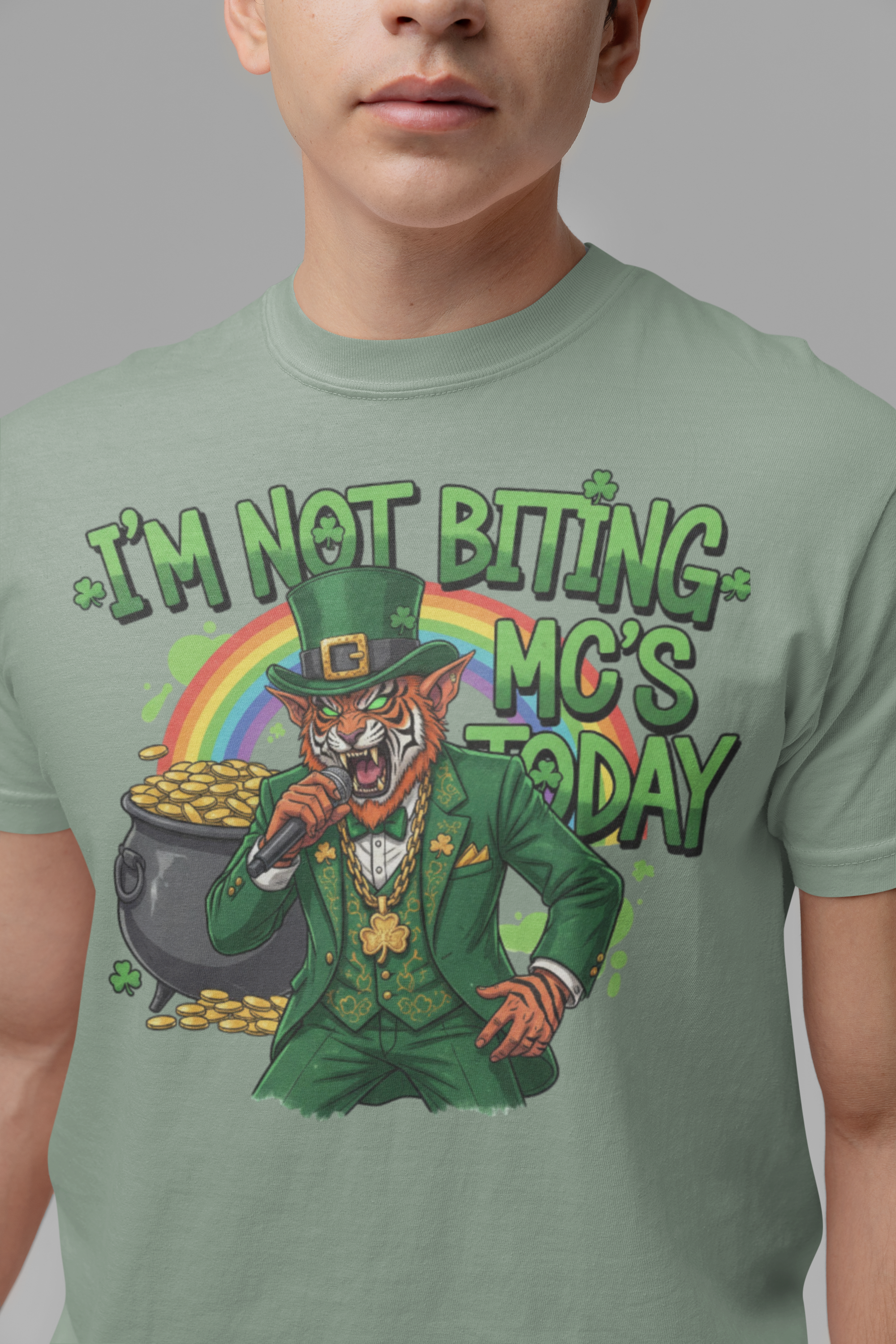“I’m Not Biting MC’s Today” - St. Patrick’s Day Rapping Tiger Leprechaun MC Comfort Colors Unisex Graphic Party Tee product thumbnail image “I’m Not Biting MC’s Today” - St. Patrick’s Day Rapping Tiger Leprechaun MC Comfort Colors Unisex Graphic Party Tee product thumbnail image