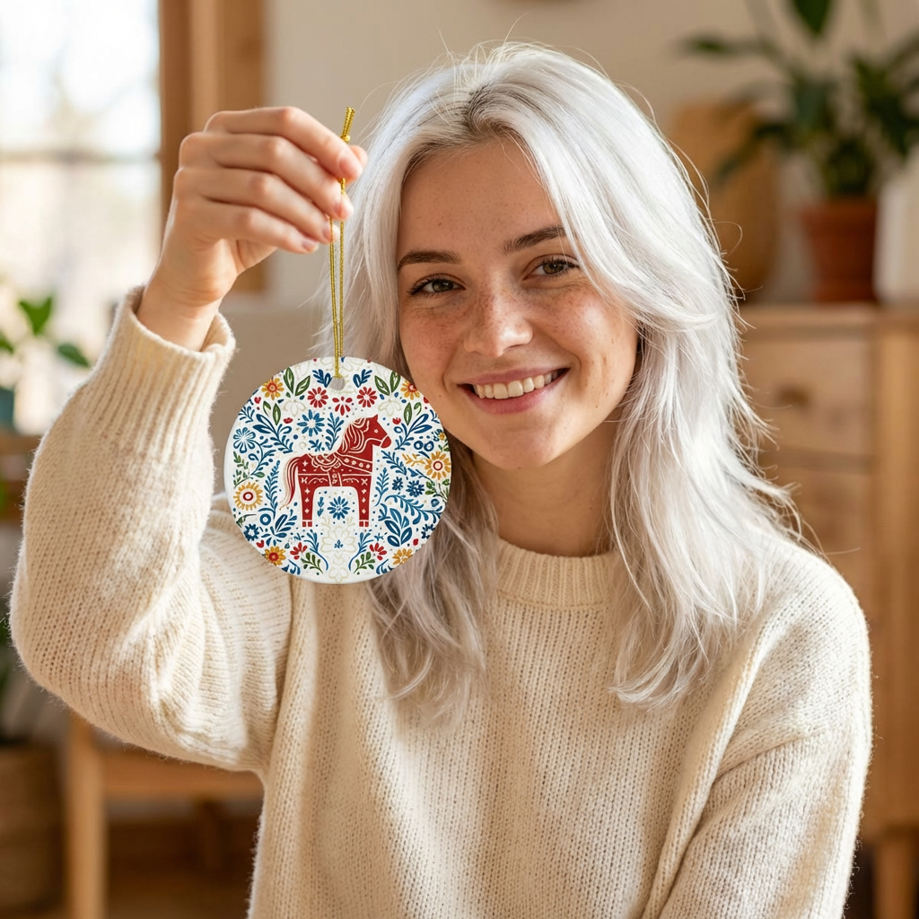 Dala Horse Christmas Tree Decoration, God Jul Gift, 2-Side Print, Holiday Décor, 1 3 5 or 10 piece Bundles product thumbnail image