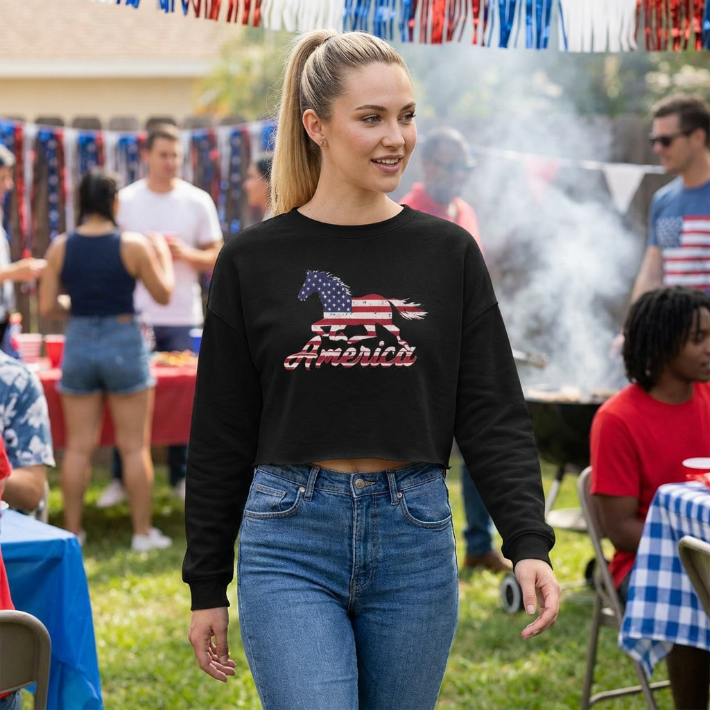 America Horse Cropped Sweatshirt, Patriotic Western Crop Pullover, USA Flag Horse Graphic, Women’s Bella Canvas 7503