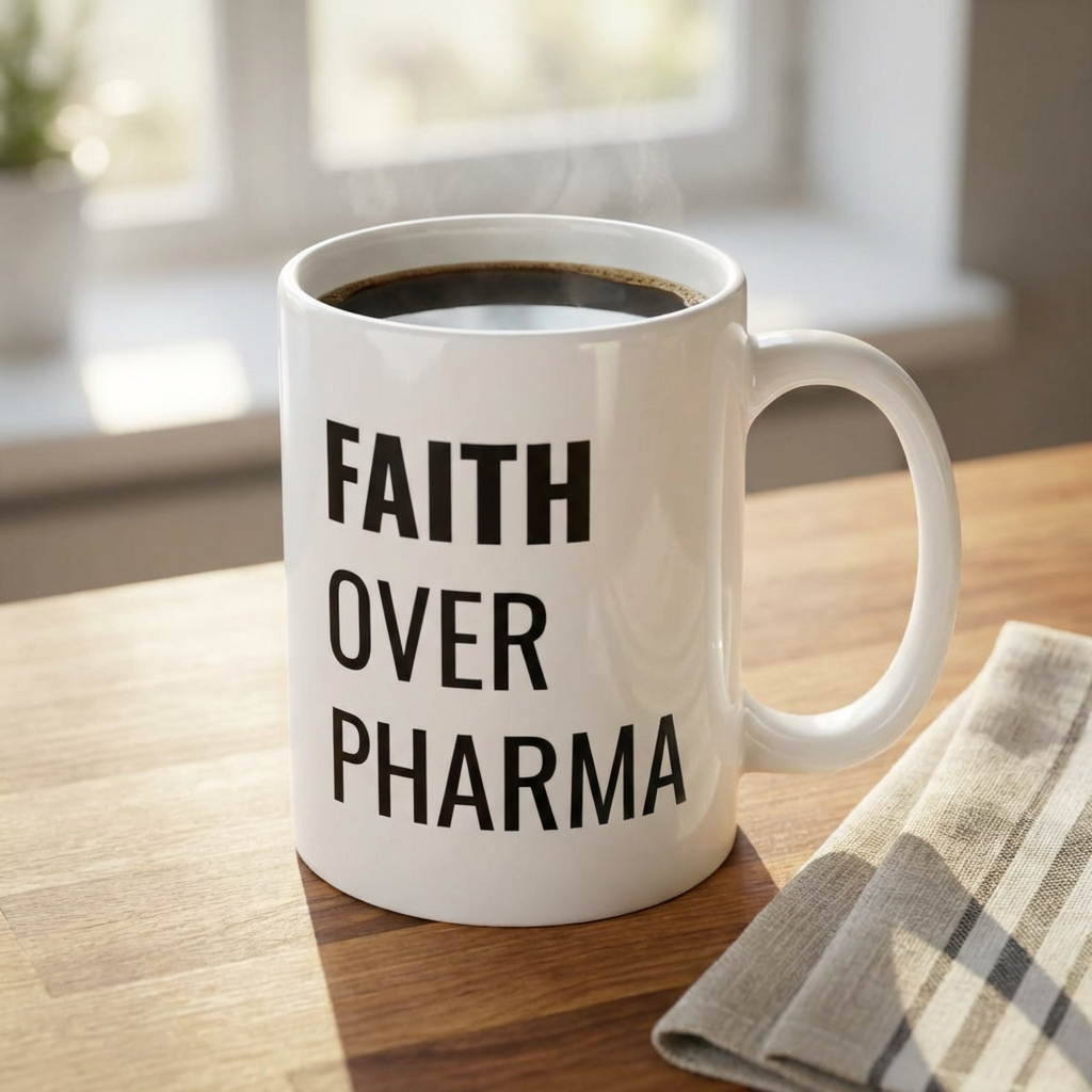 White Ceramic Mug – "Faith Over Pharma" - Coffee Mug (11oz & 15oz) | Clean Living product thumbnail image White Ceramic Mug – "Faith Over Pharma" - Coffee Mug (11oz & 15oz) | Clean Living product thumbnail image