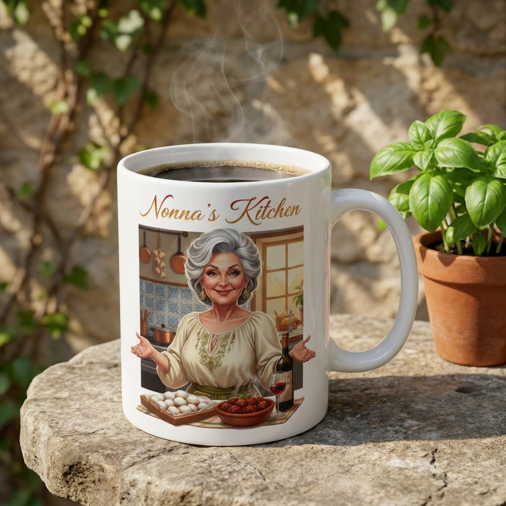 Ceramic Mug - 'Nonna's Kitchen" Italian - American Nonna, Grandma, Sicilian, Cozy Vintage Kitchen Illustration, 11oz & 15oz product thumbnail image Ceramic Mug - 'Nonna's Kitchen" Italian - American Nonna, Grandma, Sicilian, Cozy Vintage Kitchen Illustration, 11oz & 15oz product thumbnail image