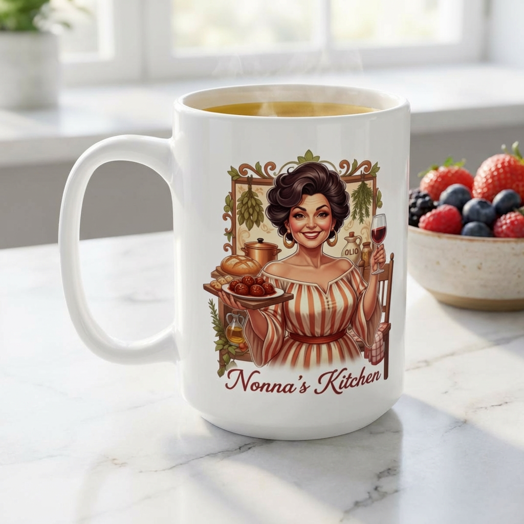 Ceramic Mug - 'Nonna's Kitchen" Italian - American Nonna, Grandma, Sicilian, Cozy Vintage Kitchen Illustration, 11oz & 15oz product thumbnail image Ceramic Mug - 'Nonna's Kitchen" Italian - American Nonna, Grandma, Sicilian, Cozy Vintage Kitchen Illustration, 11oz & 15oz product thumbnail image