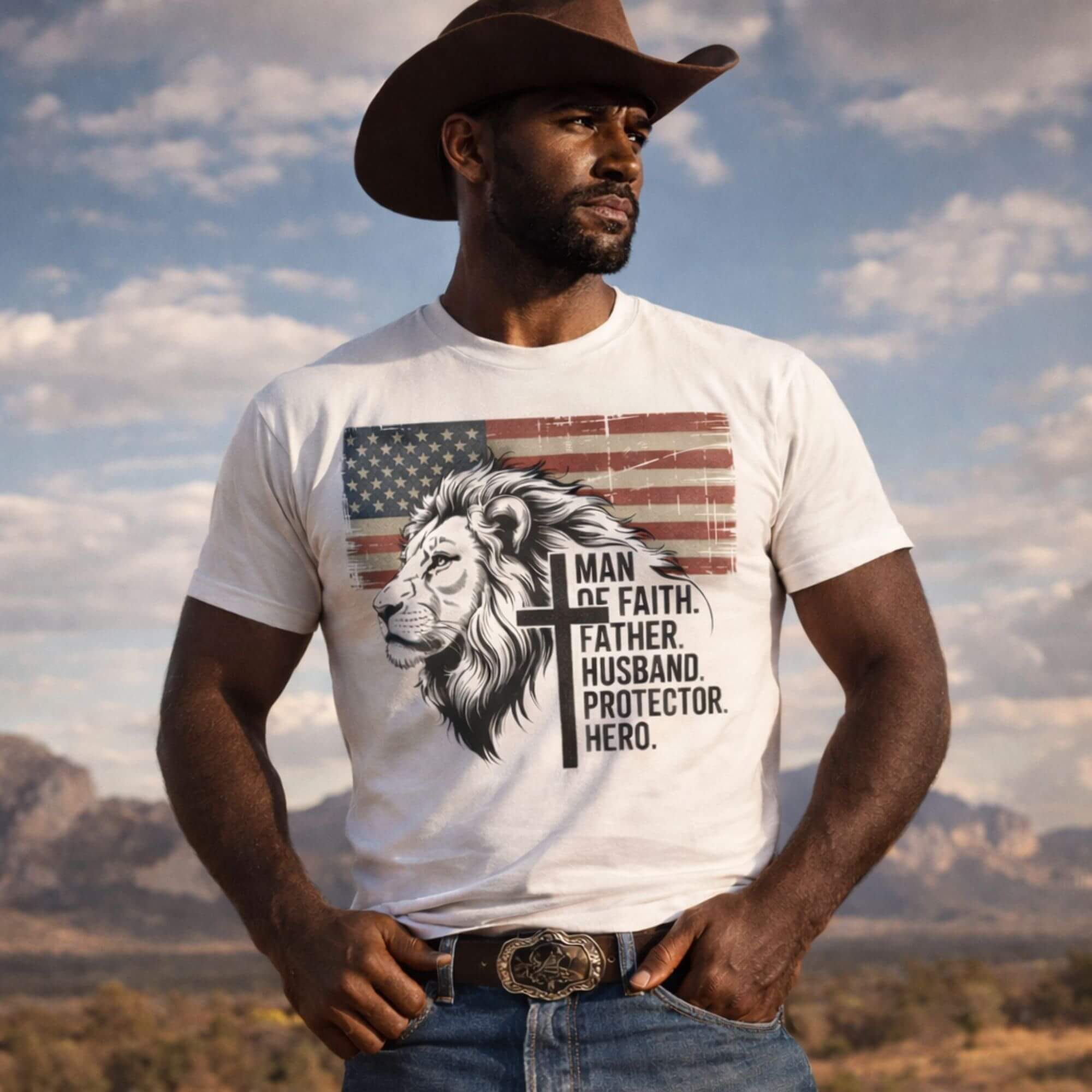 Men's Patriotic Lion Tee – Man of Faith product thumbnail image Men's Patriotic Lion Tee – Man of Faith product thumbnail image