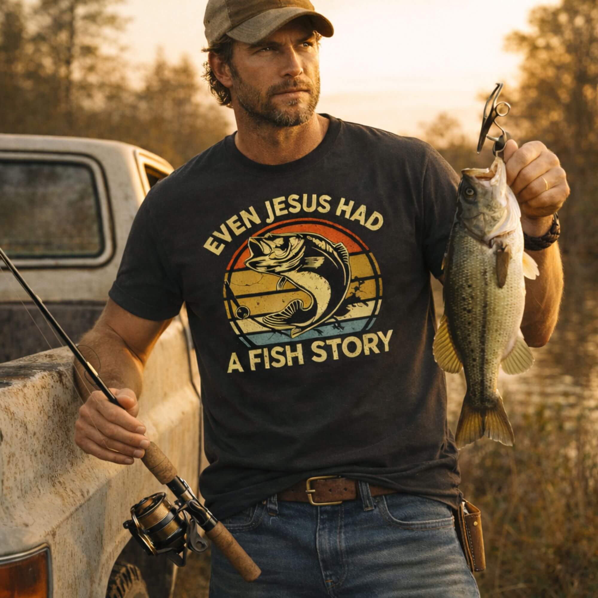 Even Jesus Had a Fish Story Retro Fishing T-Shirt product thumbnail image Even Jesus Had a Fish Story Retro Fishing T-Shirt product thumbnail image