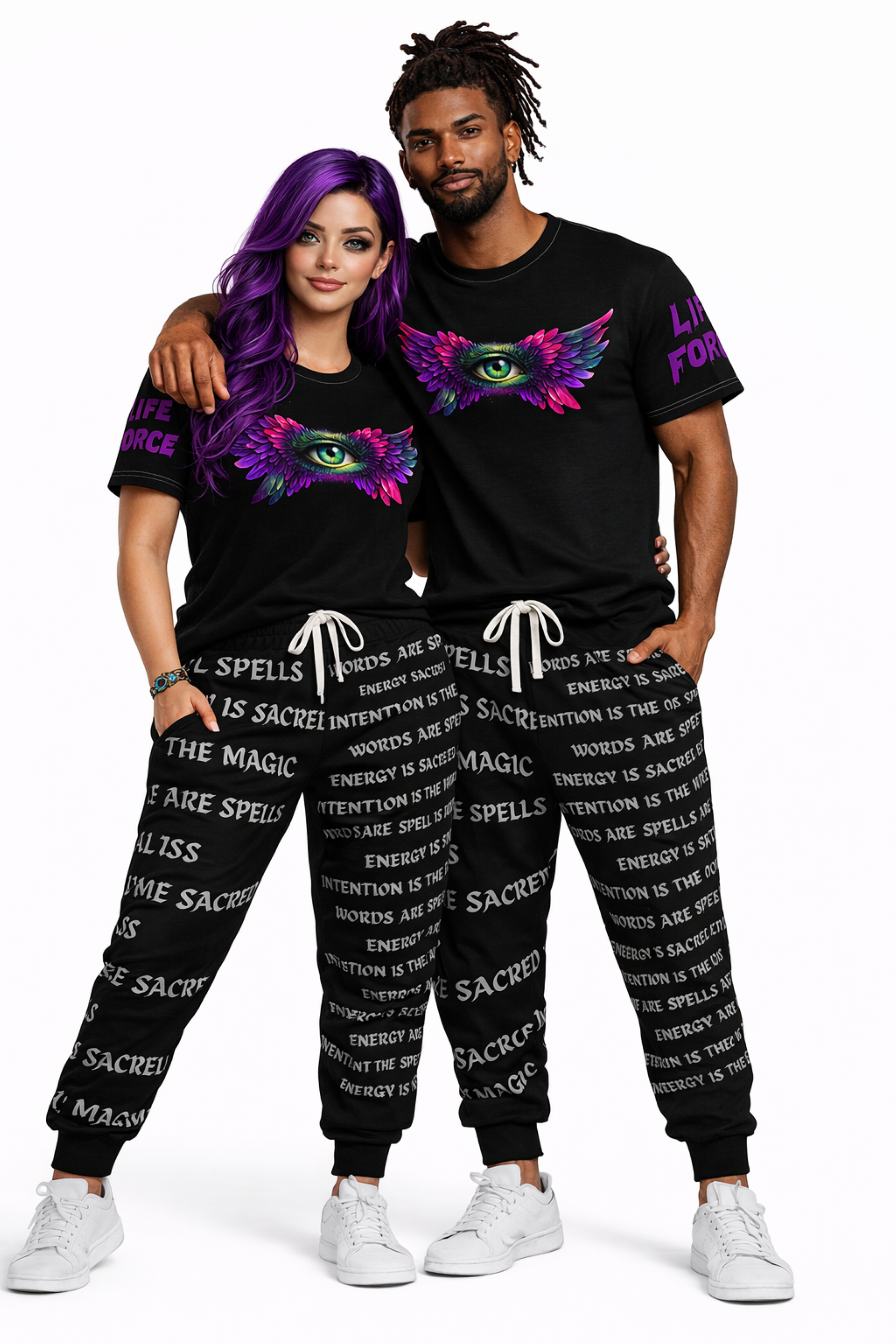 Mystic Words Joggers — White Spell-Text Jogger Pants with Purple Rose Sigil product thumbnail image