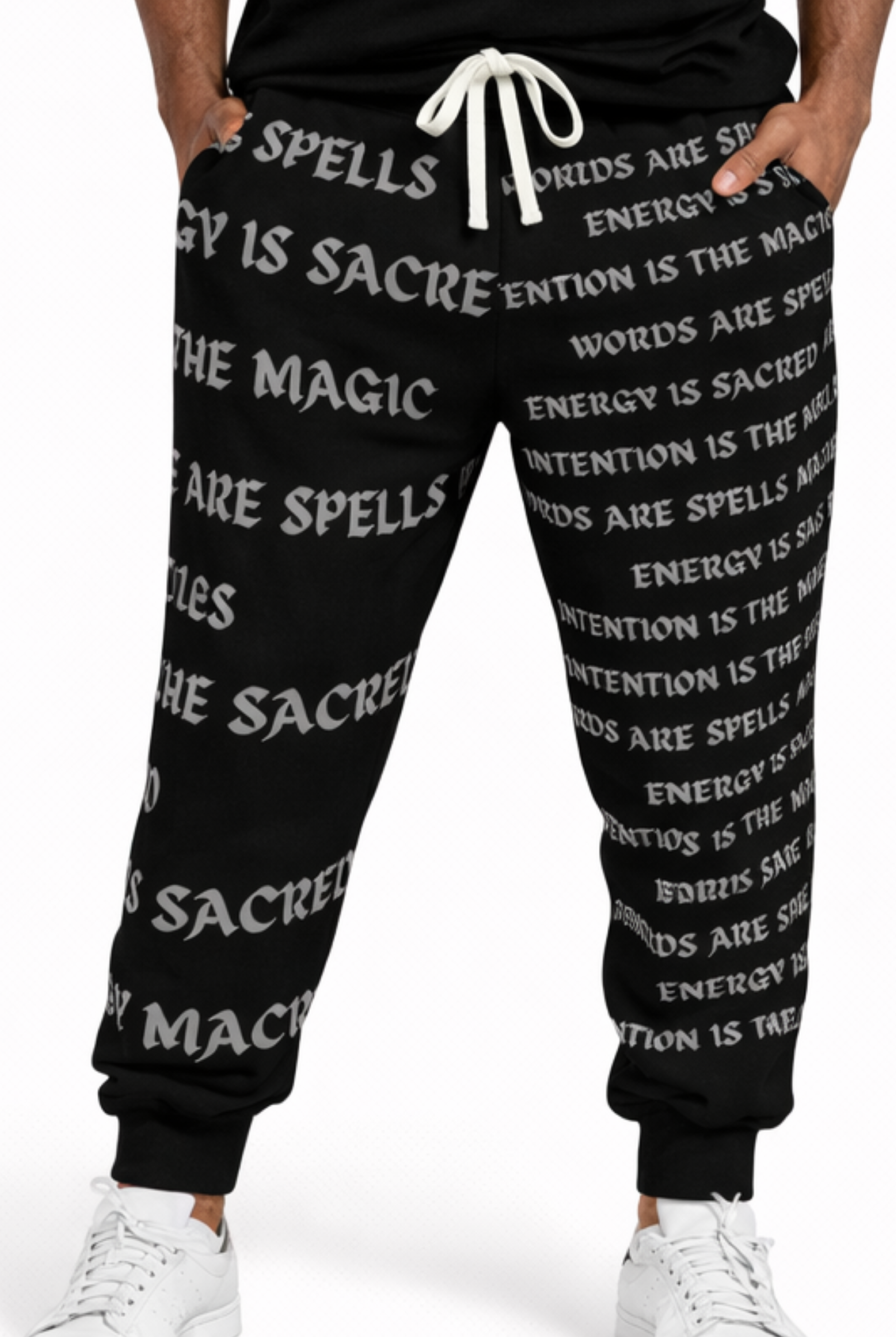 Mystic Words Joggers — White Spell-Text Jogger Pants with Purple Rose Sigil product thumbnail image Mystic Words Joggers — White Spell-Text Jogger Pants with Purple Rose Sigil product thumbnail image
