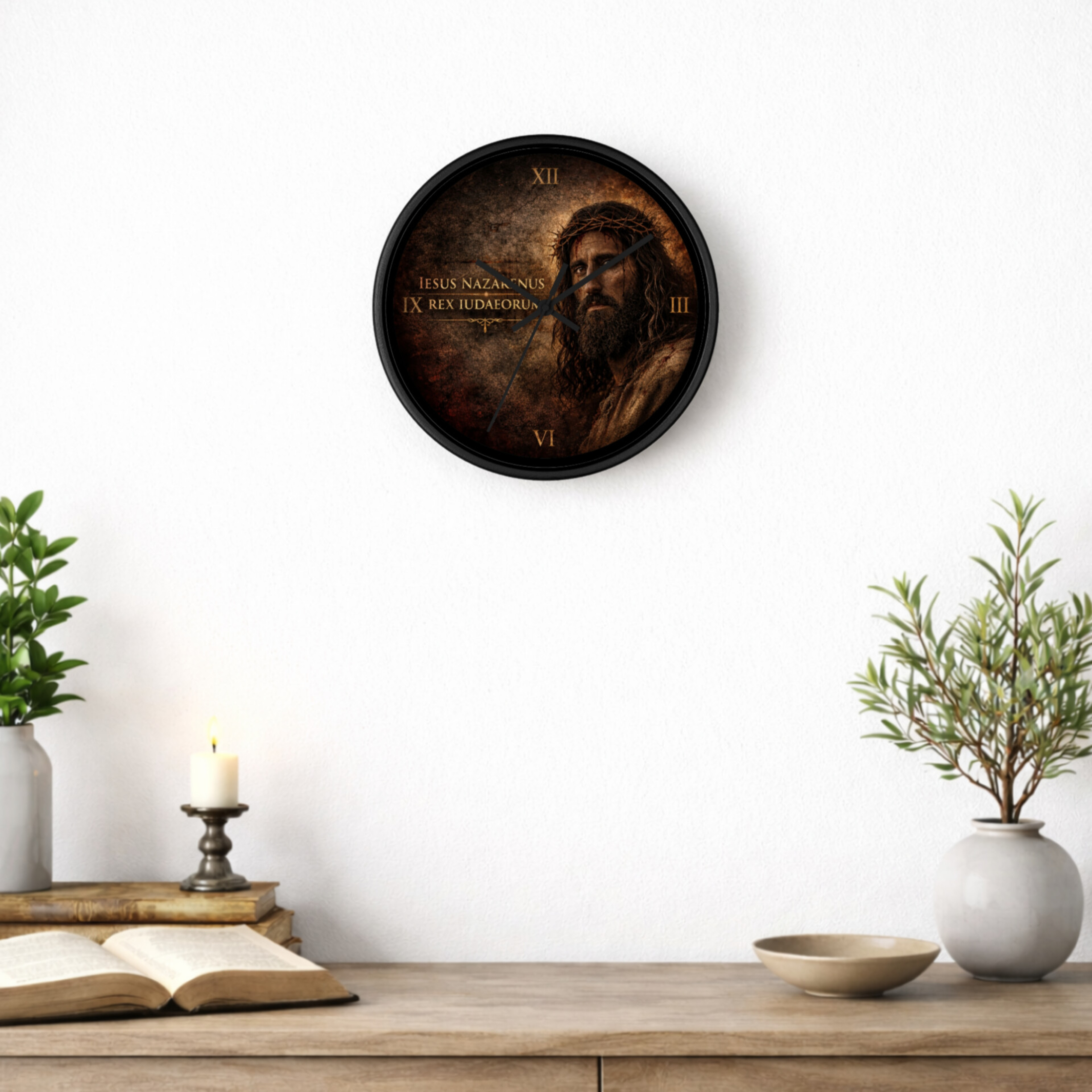 INRI Jesus Christ Wall Clock — Sacred Portrait Christian Home Décor. product thumbnail image INRI Jesus Christ Wall Clock — Sacred Portrait Christian Home Décor. product thumbnail image