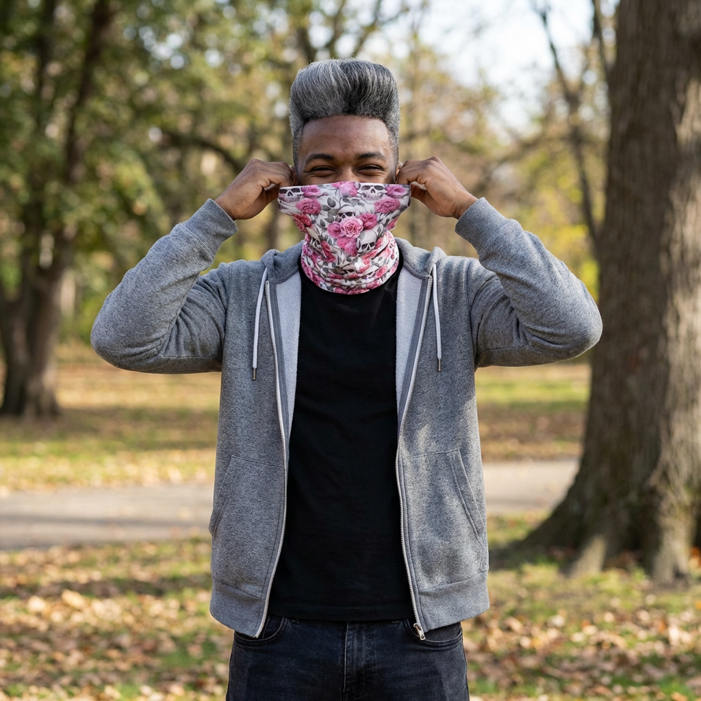Floral Skull Neck Gaiter — Pink Rose Winter Face Mask with Drawstring product thumbnail image Floral Skull Neck Gaiter — Pink Rose Winter Face Mask with Drawstring product thumbnail image