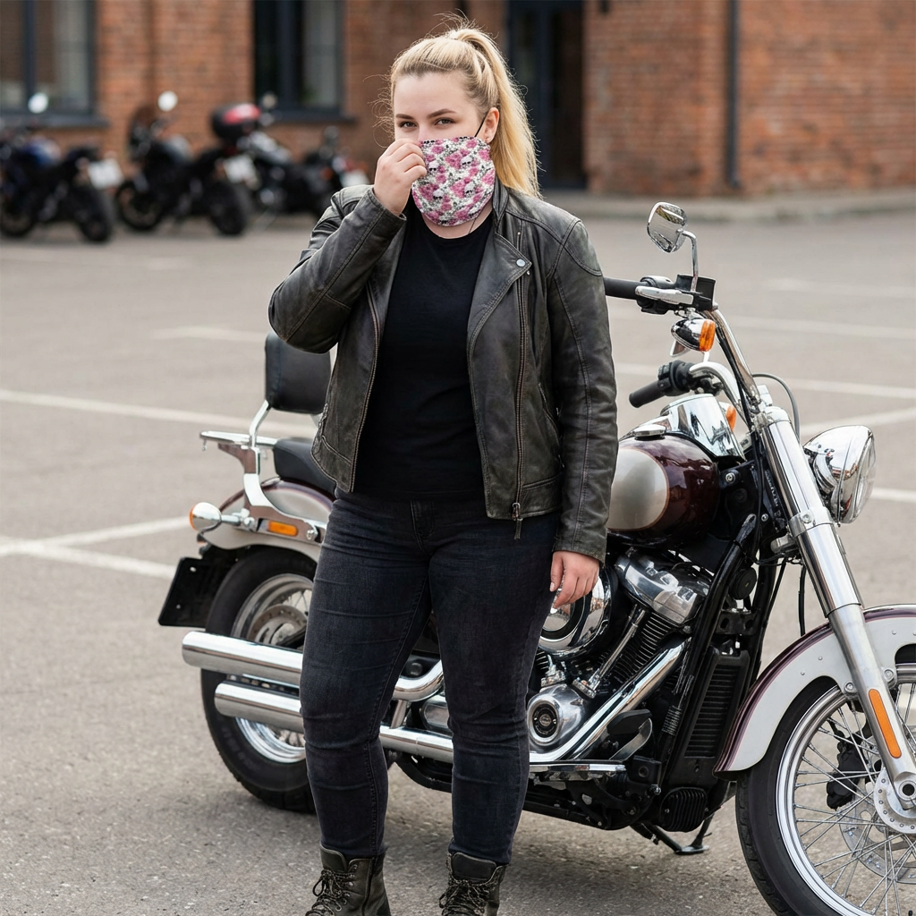 Floral Skull Neck Gaiter — Pink Rose Winter Face Mask with Drawstring product thumbnail image