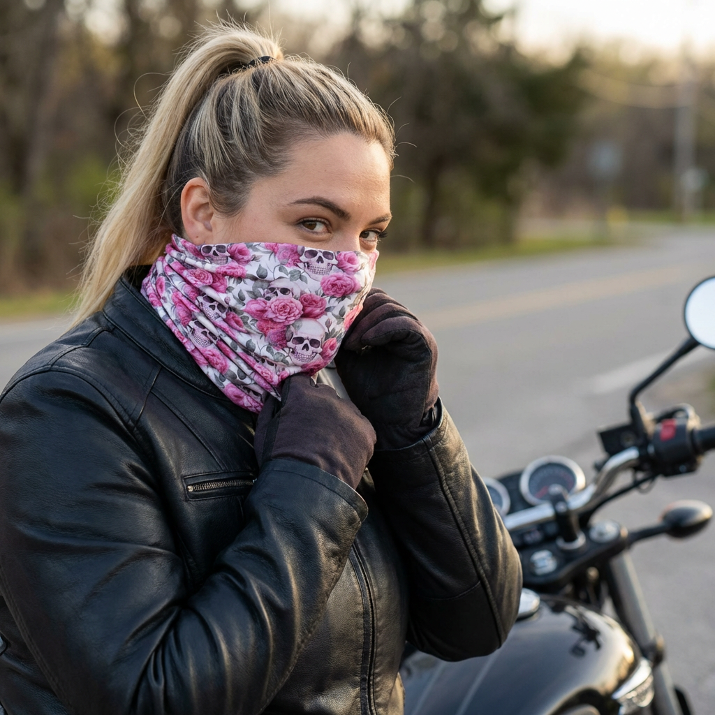 Floral Skull Neck Gaiter — Pink Rose Winter Face Mask with Drawstring product thumbnail image Floral Skull Neck Gaiter — Pink Rose Winter Face Mask with Drawstring product thumbnail image