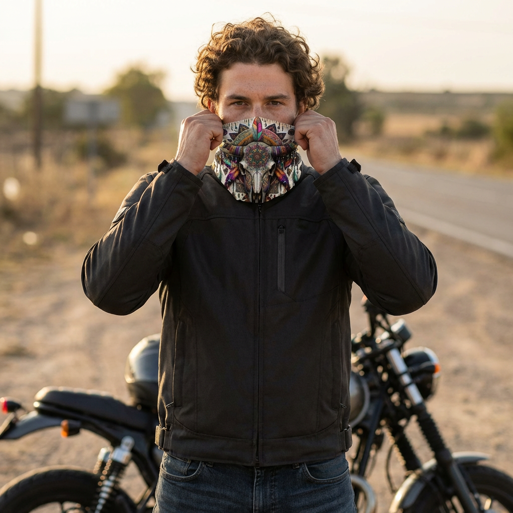 Boho Buffalo Skull Neck Gaiter — Winter Drawstring Face Mask