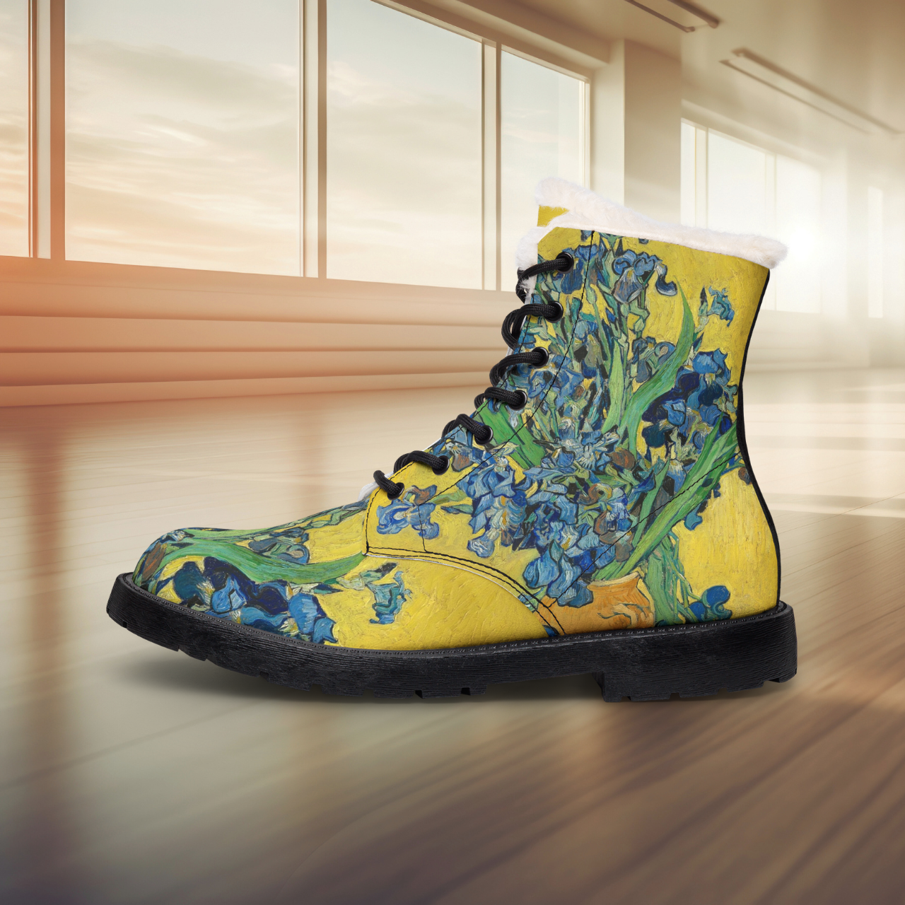 Floral Fur-Lined Leather Boots — Yellow Blue Iris Winter Combat Boots product thumbnail image Floral Fur-Lined Leather Boots — Yellow Blue Iris Winter Combat Boots product thumbnail image