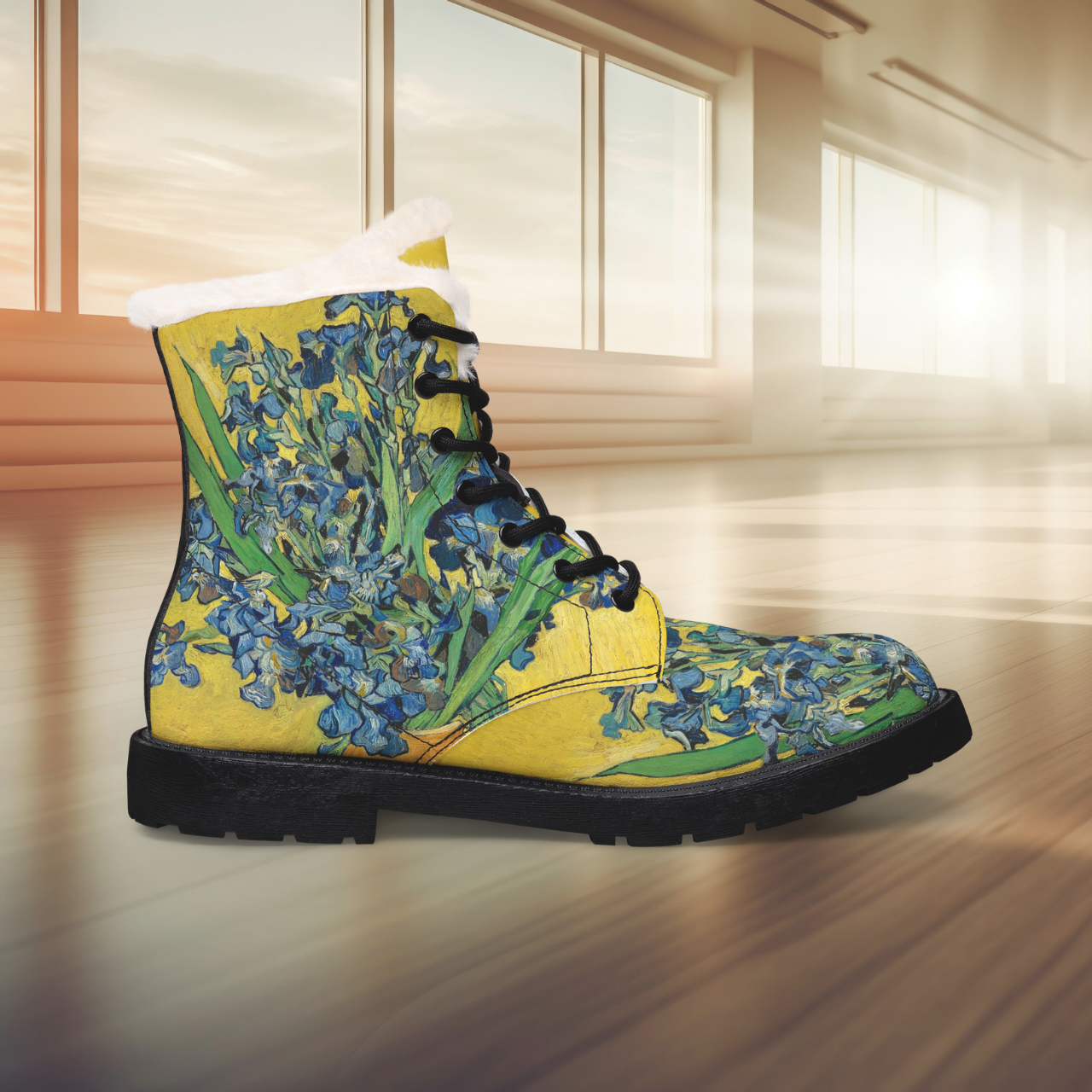 Floral Fur-Lined Leather Boots — Yellow Blue Iris Winter Combat Boots product thumbnail image Floral Fur-Lined Leather Boots — Yellow Blue Iris Winter Combat Boots product thumbnail image