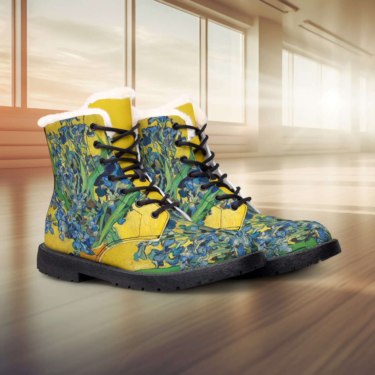 Floral Fur-Lined Leather Boots — Yellow Blue Iris Winter Combat Boots product thumbnail image