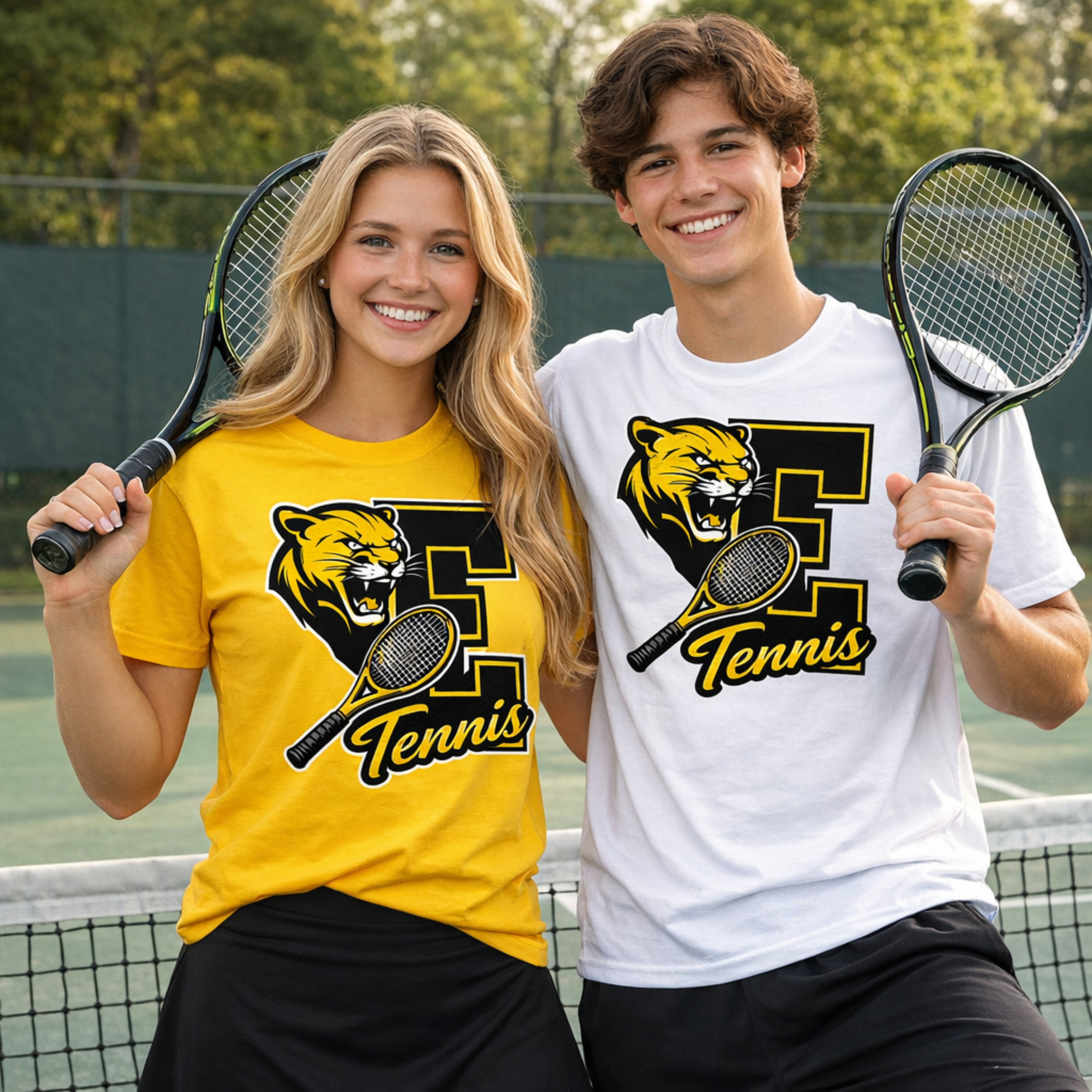 E Tennis Team T-Shirt — Mascot E with Racket product thumbnail image E Tennis Team T-Shirt — Mascot E with Racket product thumbnail image