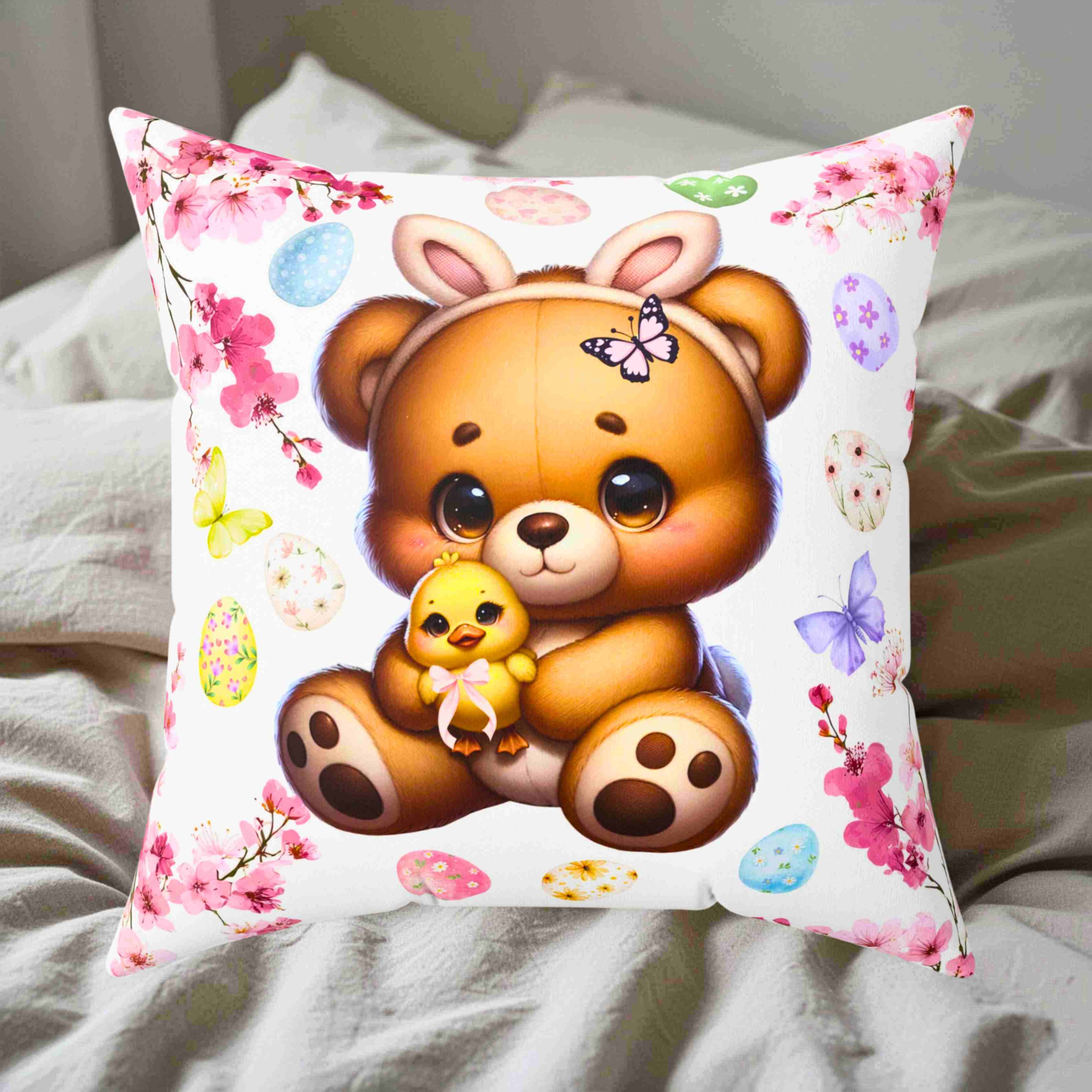 Easter Bunny Bear Throw Pillow — Cute Chick & Floral Egg Decorative Cushion product thumbnail image Easter Bunny Bear Throw Pillow — Cute Chick & Floral Egg Decorative Cushion product thumbnail image