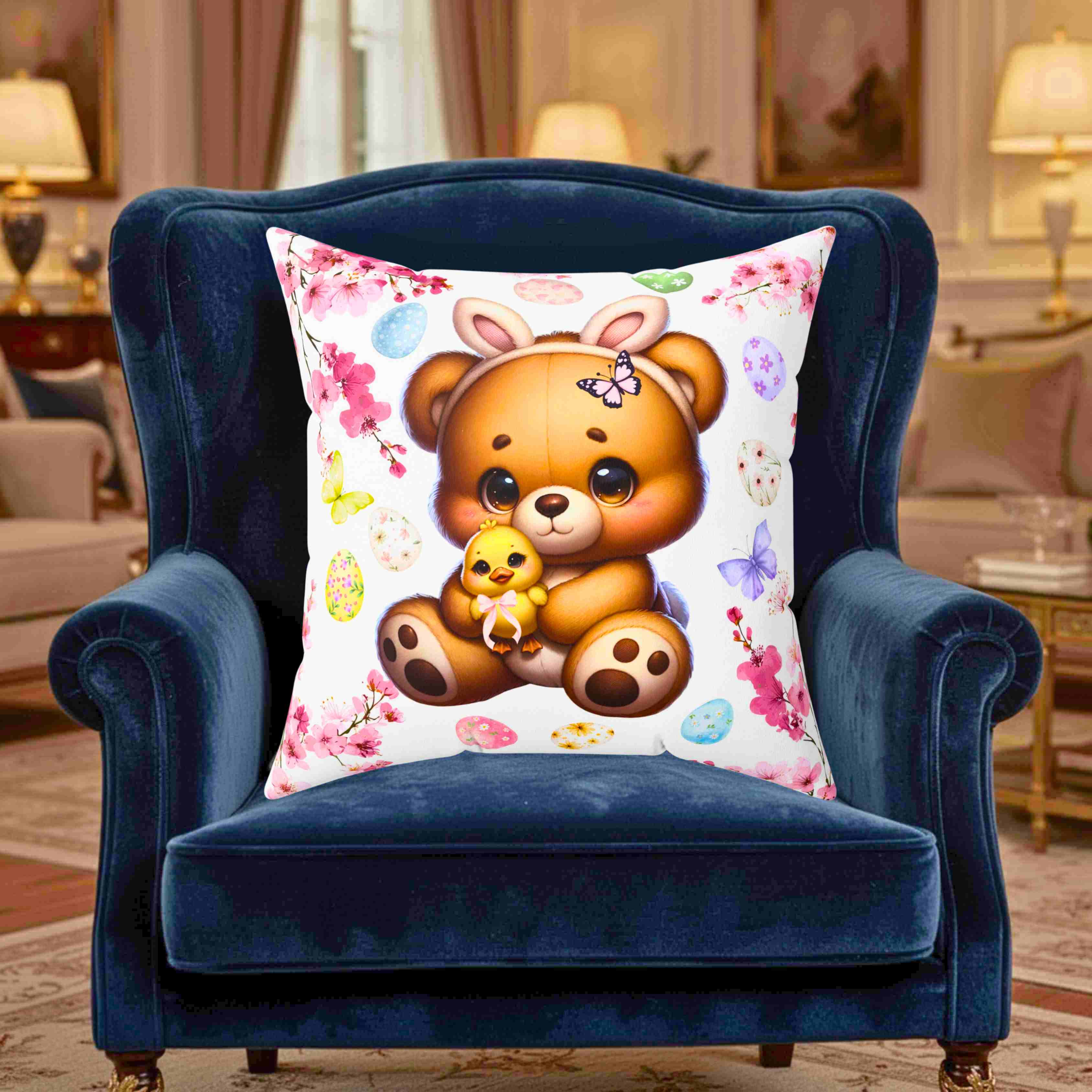 Easter Bunny Bear Throw Pillow — Cute Chick & Floral Egg Decorative Cushion product thumbnail image Easter Bunny Bear Throw Pillow — Cute Chick & Floral Egg Decorative Cushion product thumbnail image
