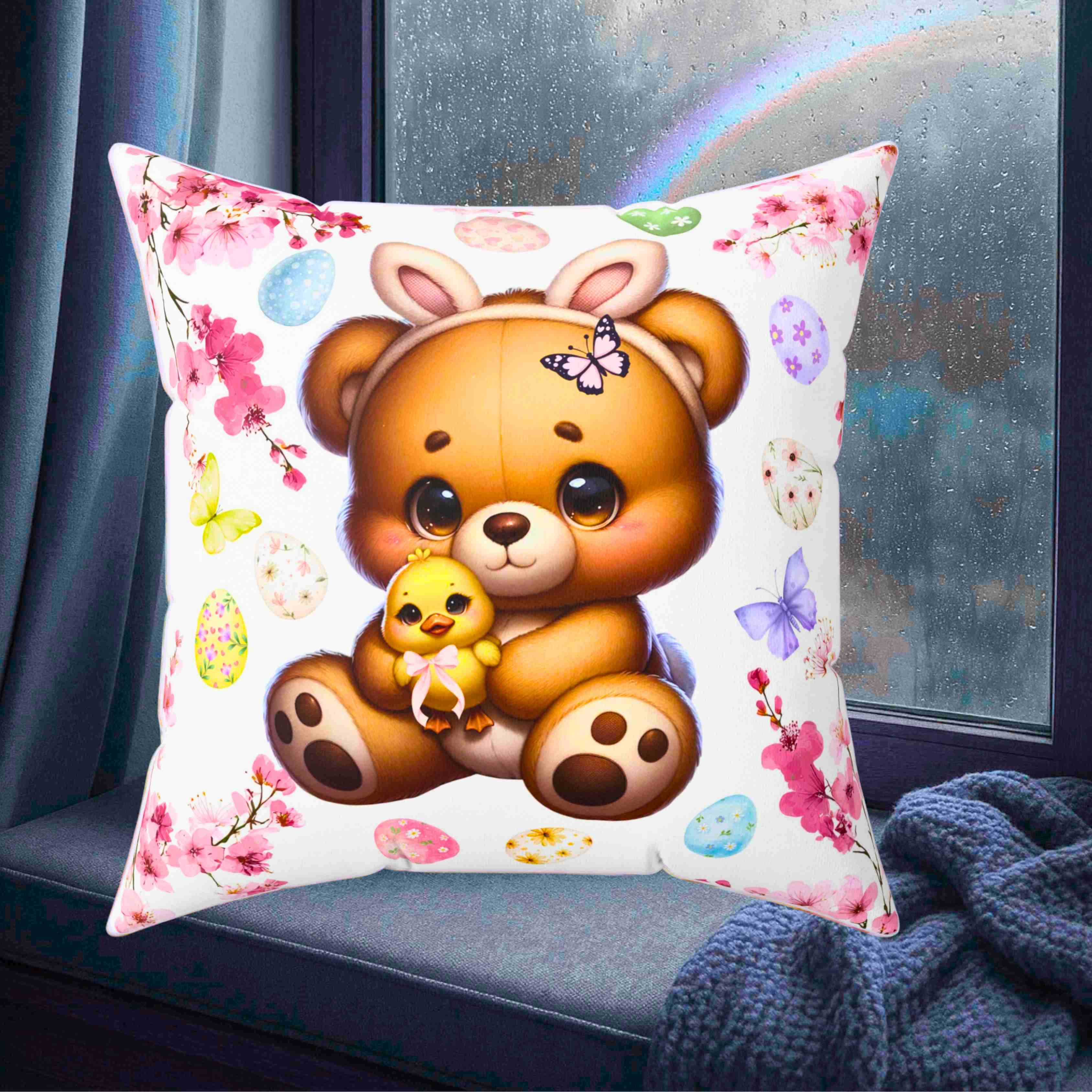 Easter Bunny Bear Throw Pillow — Cute Chick & Floral Egg Decorative Cushion product thumbnail image Easter Bunny Bear Throw Pillow — Cute Chick & Floral Egg Decorative Cushion product thumbnail image