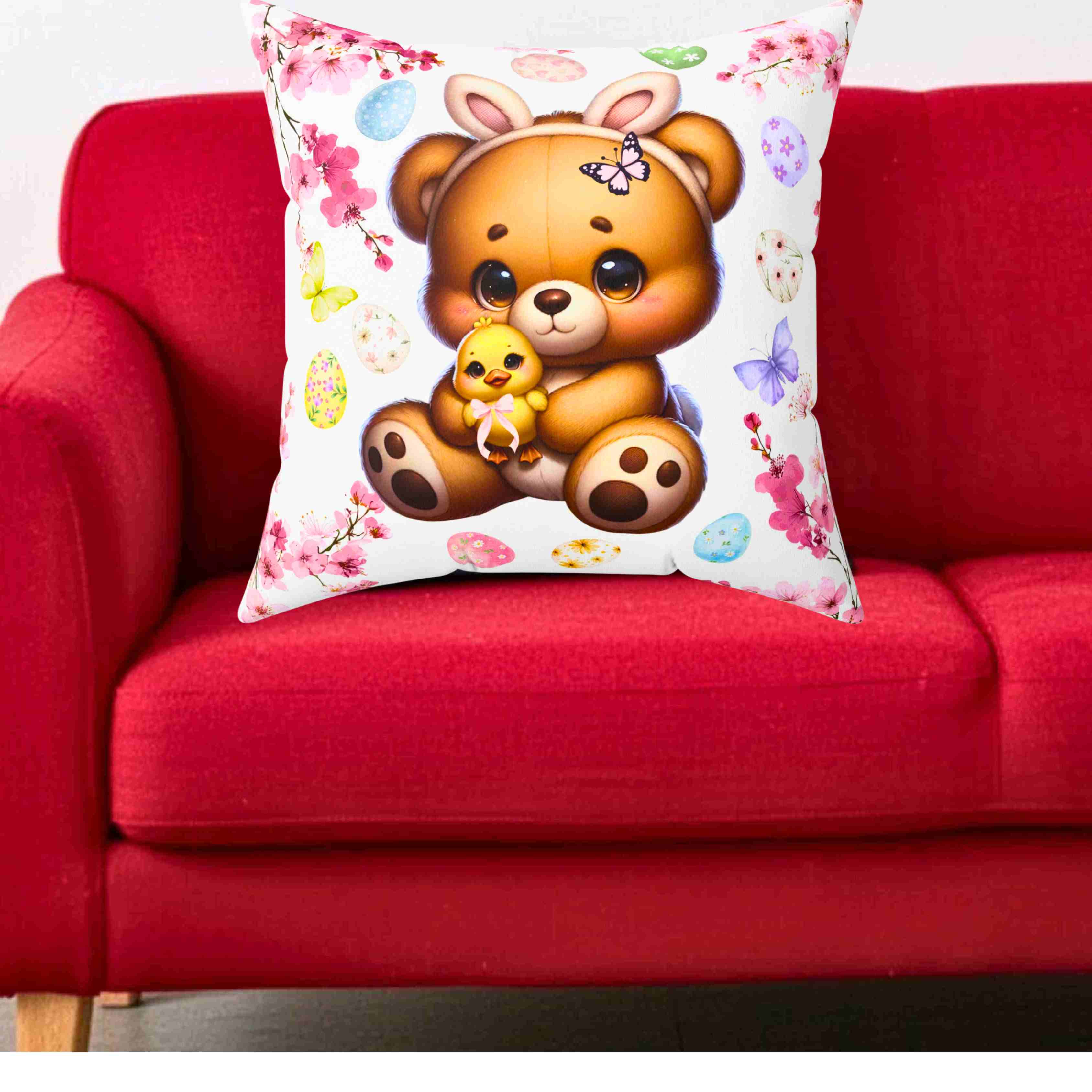 Easter Bunny Bear Throw Pillow — Cute Chick &amp; Floral Egg Decorative Cushion product thumbnail image