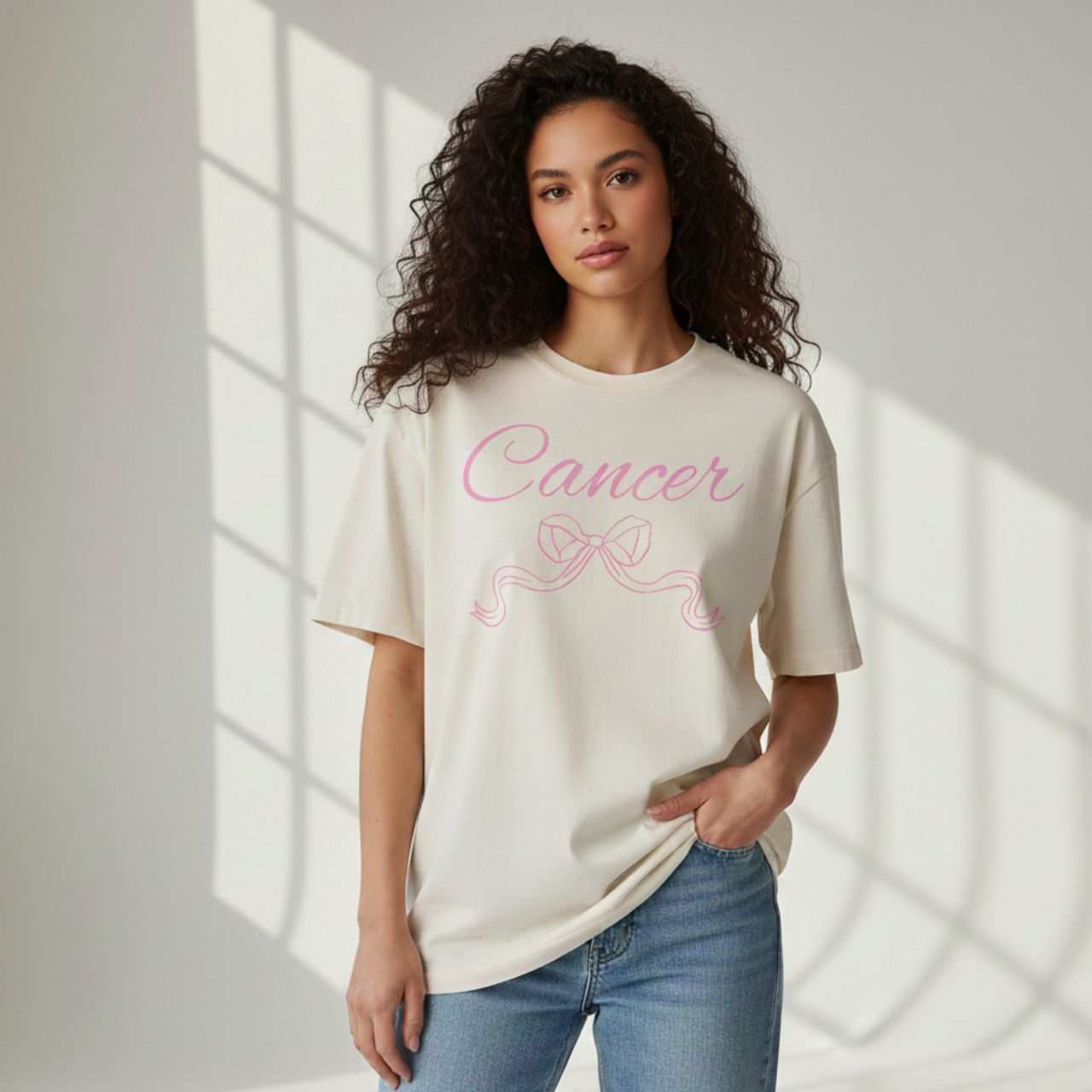 Cancer Zodiac T-Shirt Pink Script with Ribbon product thumbnail image