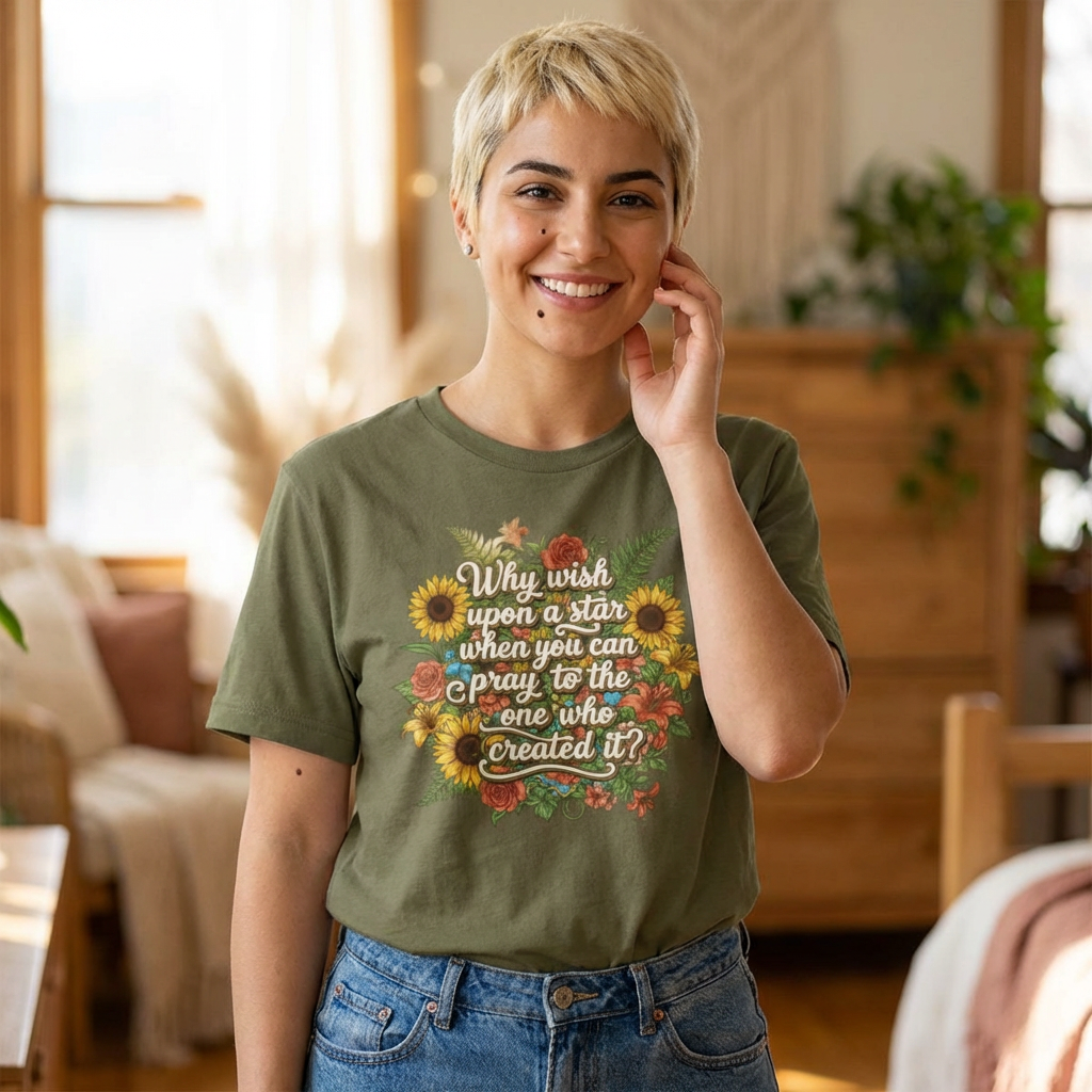 Faith Floral Tee — "Why wish upon a star when you can pray to the one who created it?" Inspirational, Christian, Prayer product thumbnail image Faith Floral Tee — "Why wish upon a star when you can pray to the one who created it?" Inspirational, Christian, Prayer product thumbnail image