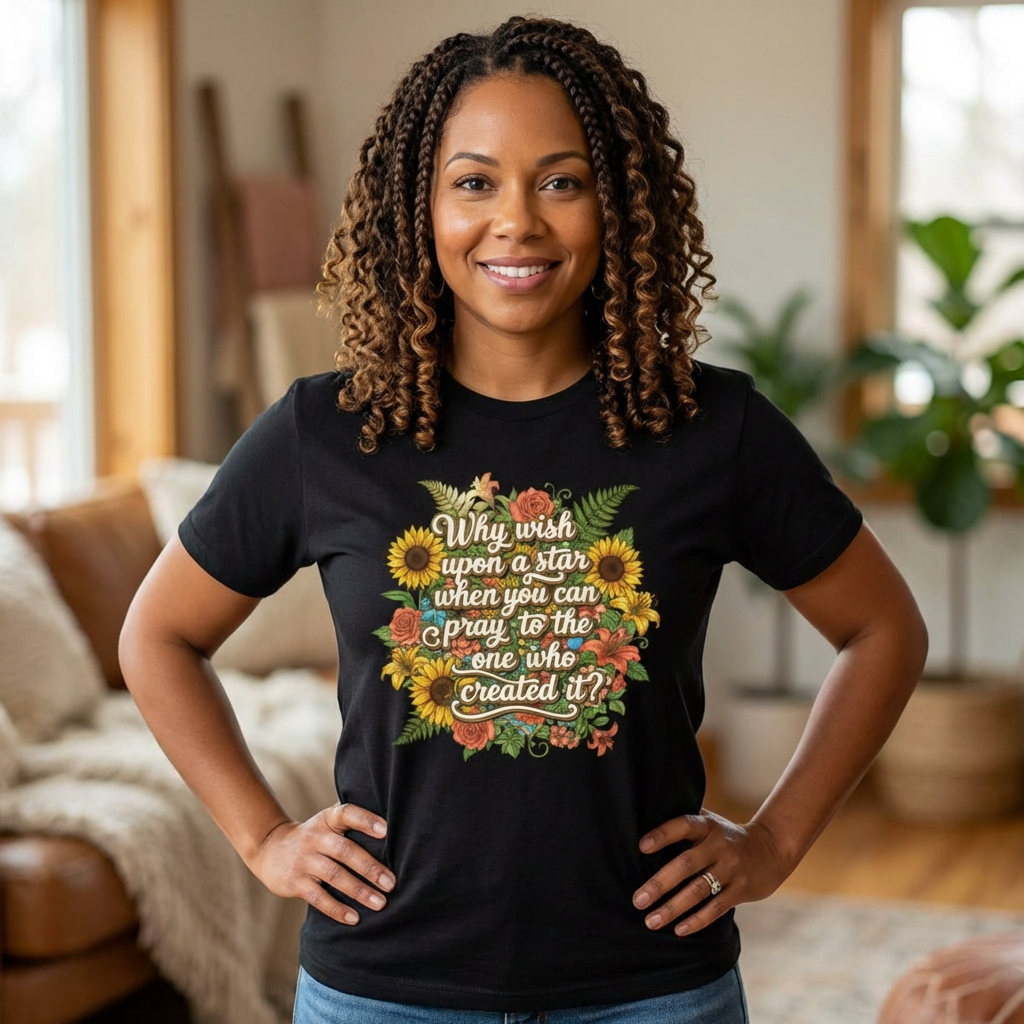 Faith Floral Tee — "Why wish upon a star when you can pray to the one who created it?" Inspirational, Christian, Prayer product thumbnail image Faith Floral Tee — "Why wish upon a star when you can pray to the one who created it?" Inspirational, Christian, Prayer product thumbnail image