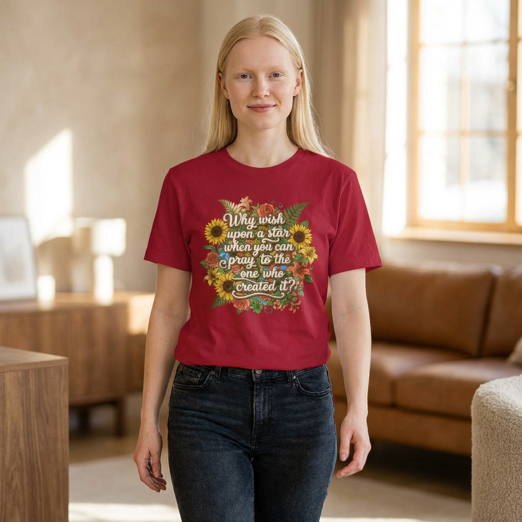 Faith Floral Tee — "Why wish upon a star when you can pray to the one who created it?" Inspirational, Christian, Prayer product thumbnail image