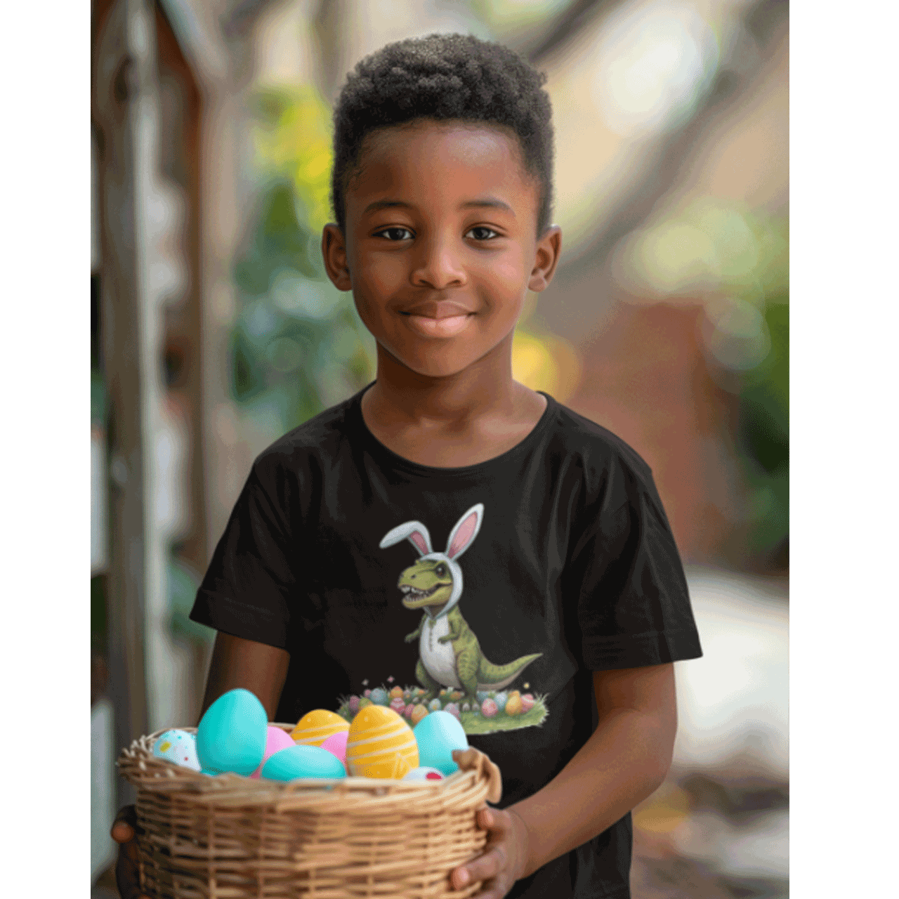 Cute T-Rex Kids Tee Wearing Bunny Ears with Easter Eggs