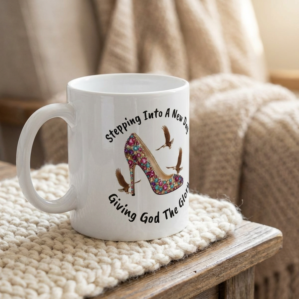 Stepping Into A New Day Ceramic Mug — "Giving God The Glory" Inspirational Coffee Cup (11oz &amp; 15oz) product thumbnail image