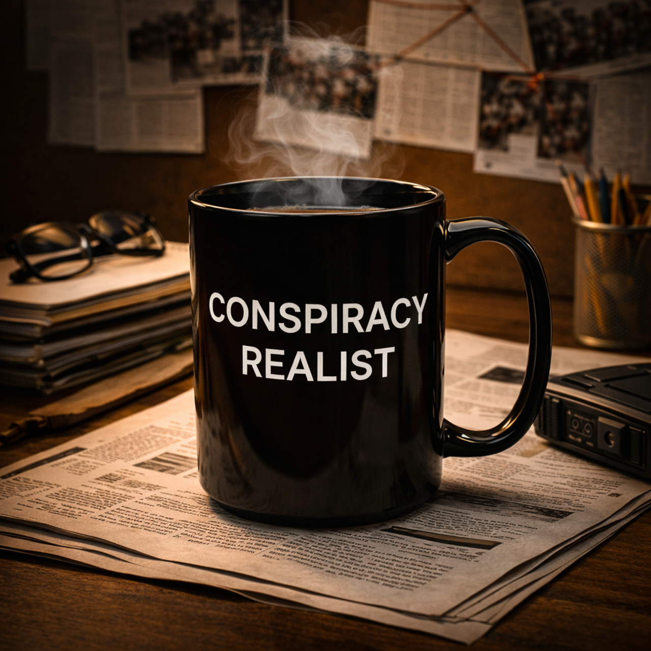 Conspiracy Realist Mug — Black Ceramic 15 oz Mug product thumbnail image Conspiracy Realist Mug — Black Ceramic 15 oz Mug product thumbnail image