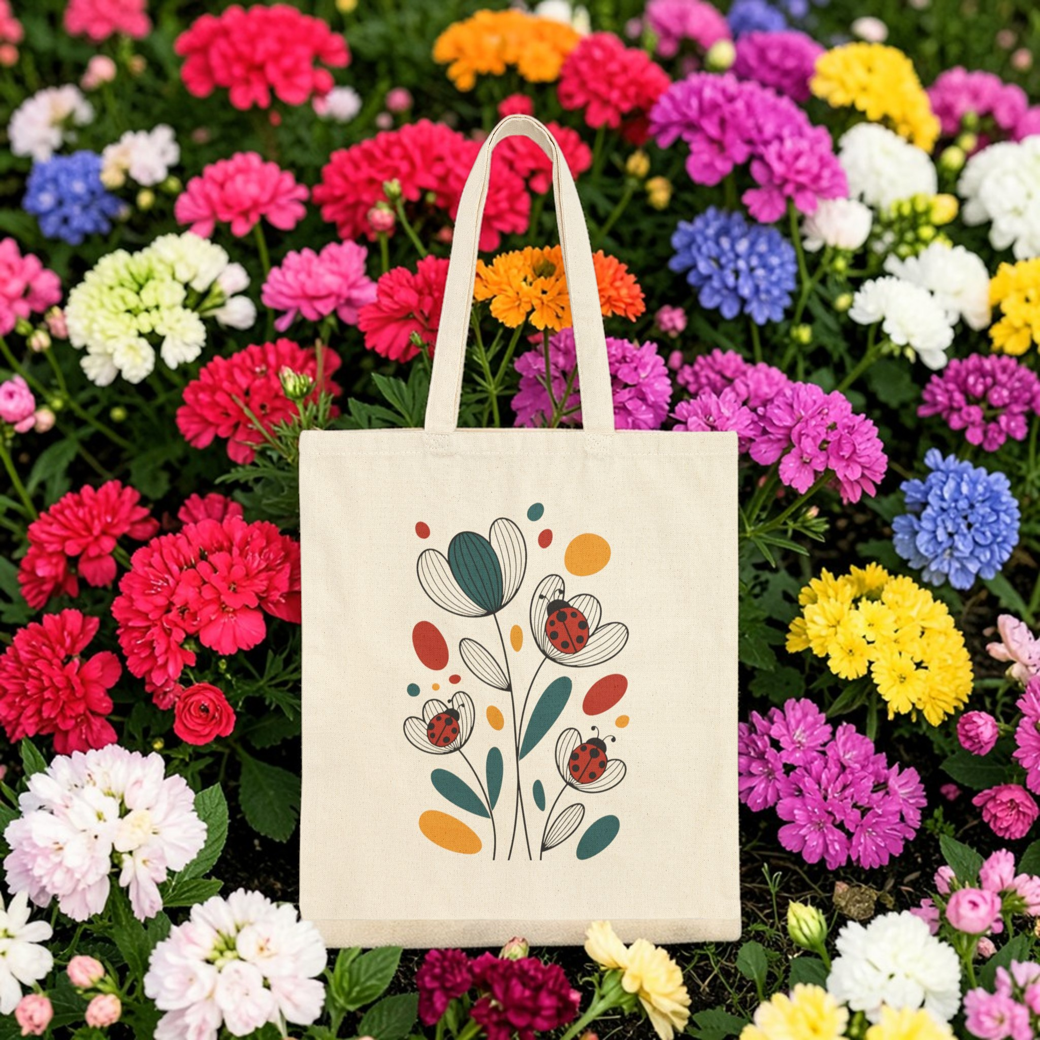 Canvas Tote Bag — Retro Floral Ladybug Design Eco-Friendly Grocery Tote