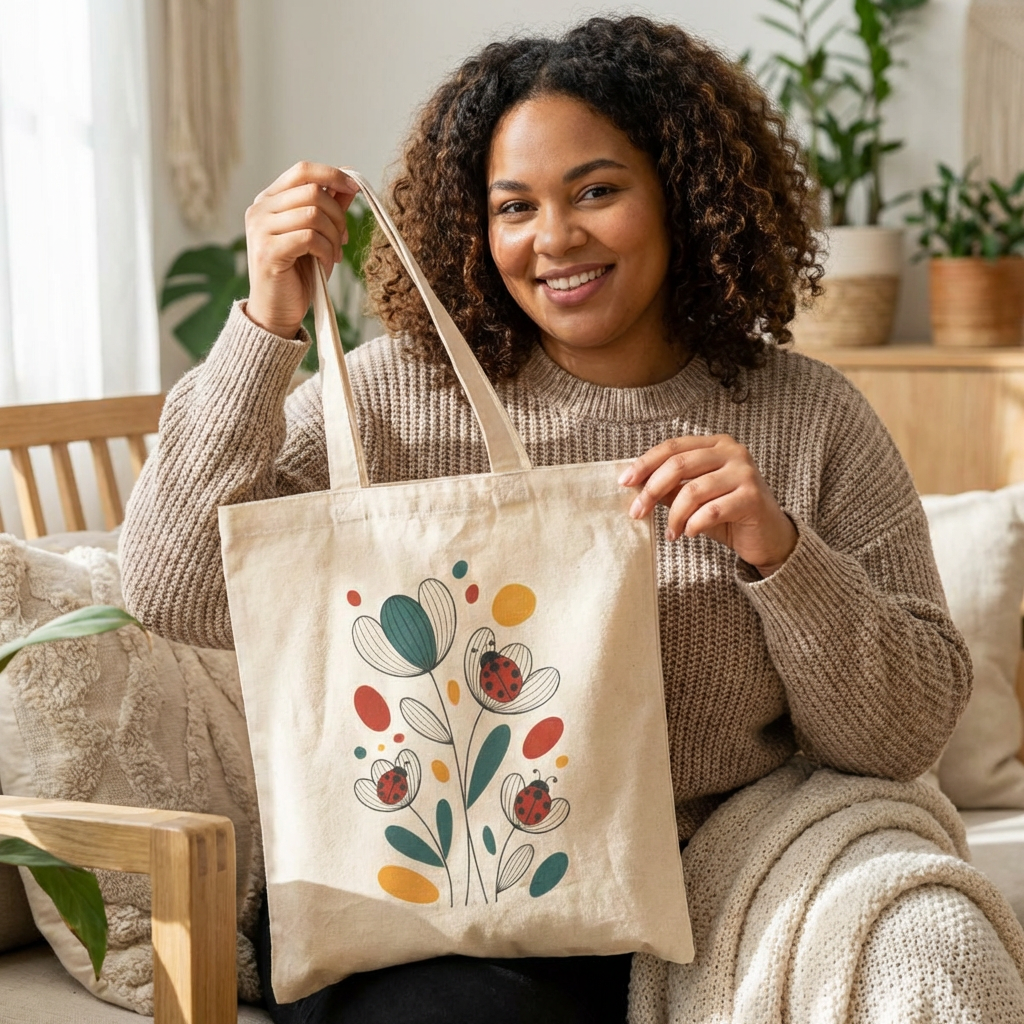 Canvas Tote Bag — Retro Floral Ladybug Design Eco-Friendly Grocery Tote product thumbnail image