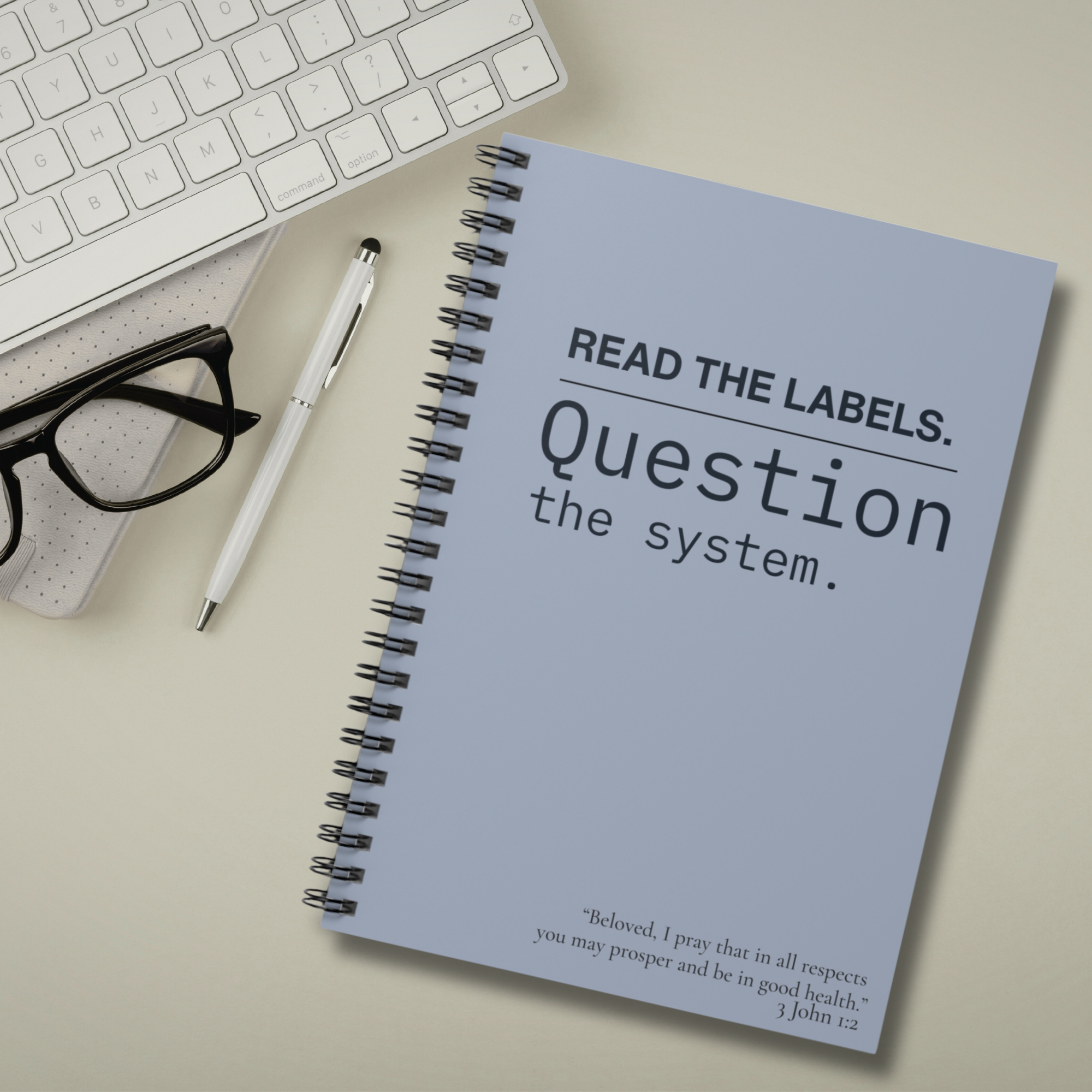Notebook — "Read the Labels. Question the System." Spiral Ruled Journal - Slate Blue product thumbnail image