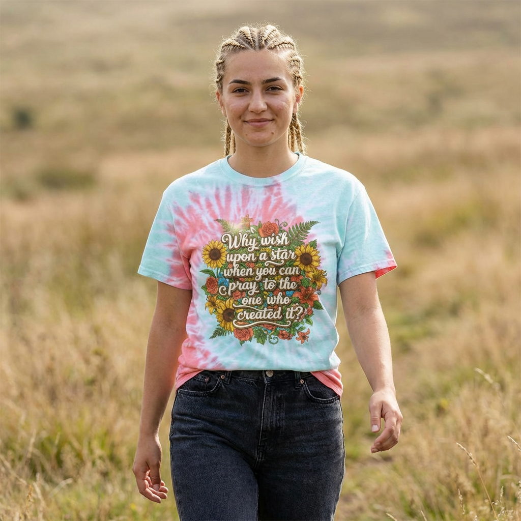 Faith-Based Tie Dye Tee — “Why wish upon a star…” Inspirational, Floral Christian T-Shirt product thumbnail image Faith-Based Tie Dye Tee — “Why wish upon a star…” Inspirational, Floral Christian T-Shirt product thumbnail image